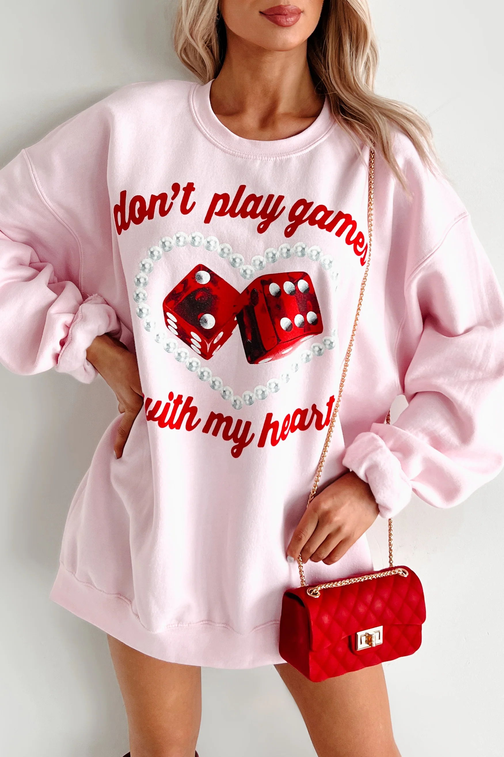 "Don't Play Games With My Heart" Graphic Crewneck (Light Pink) - Image 6