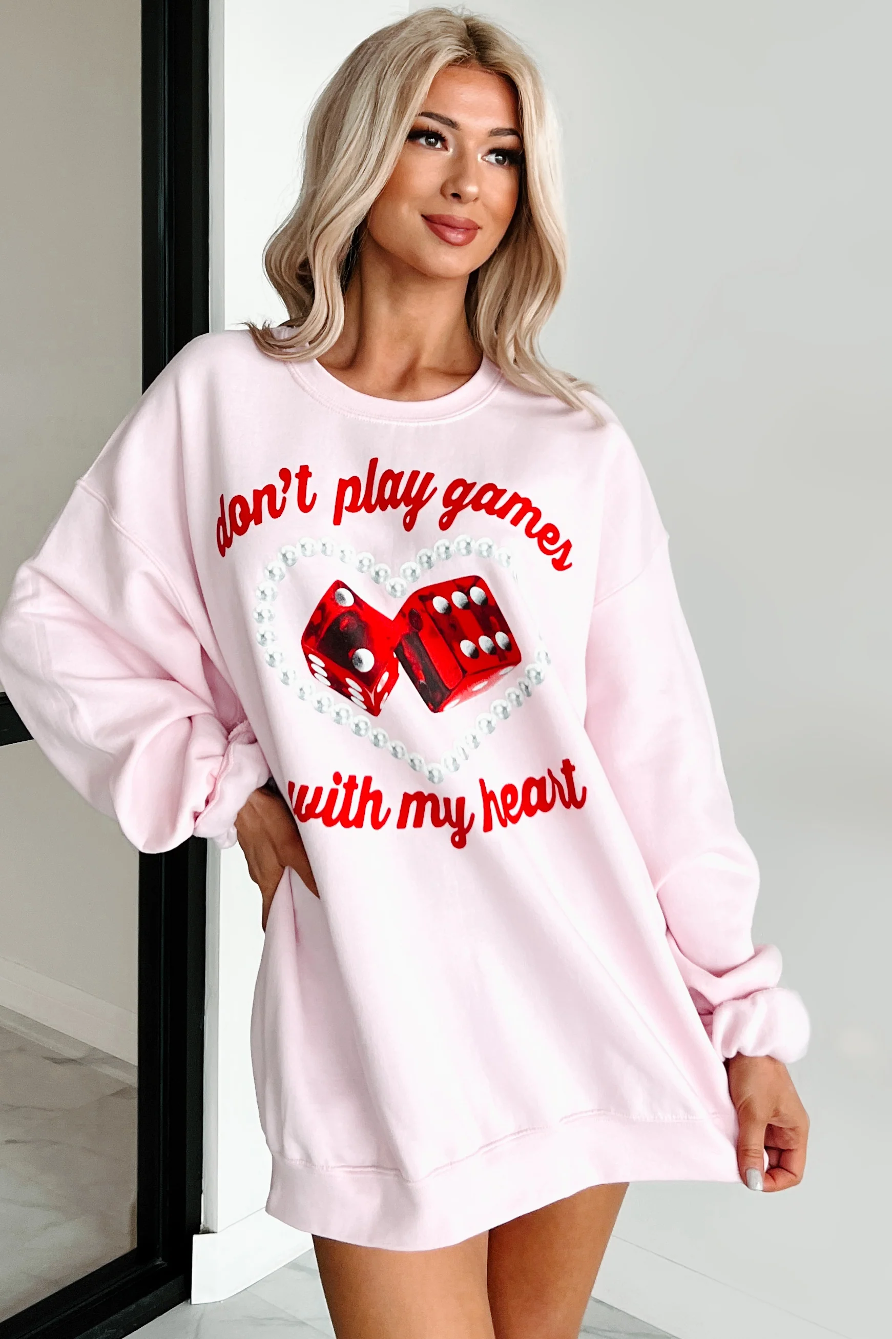 "Don't Play Games With My Heart" Graphic Crewneck (Light Pink) - Image 7