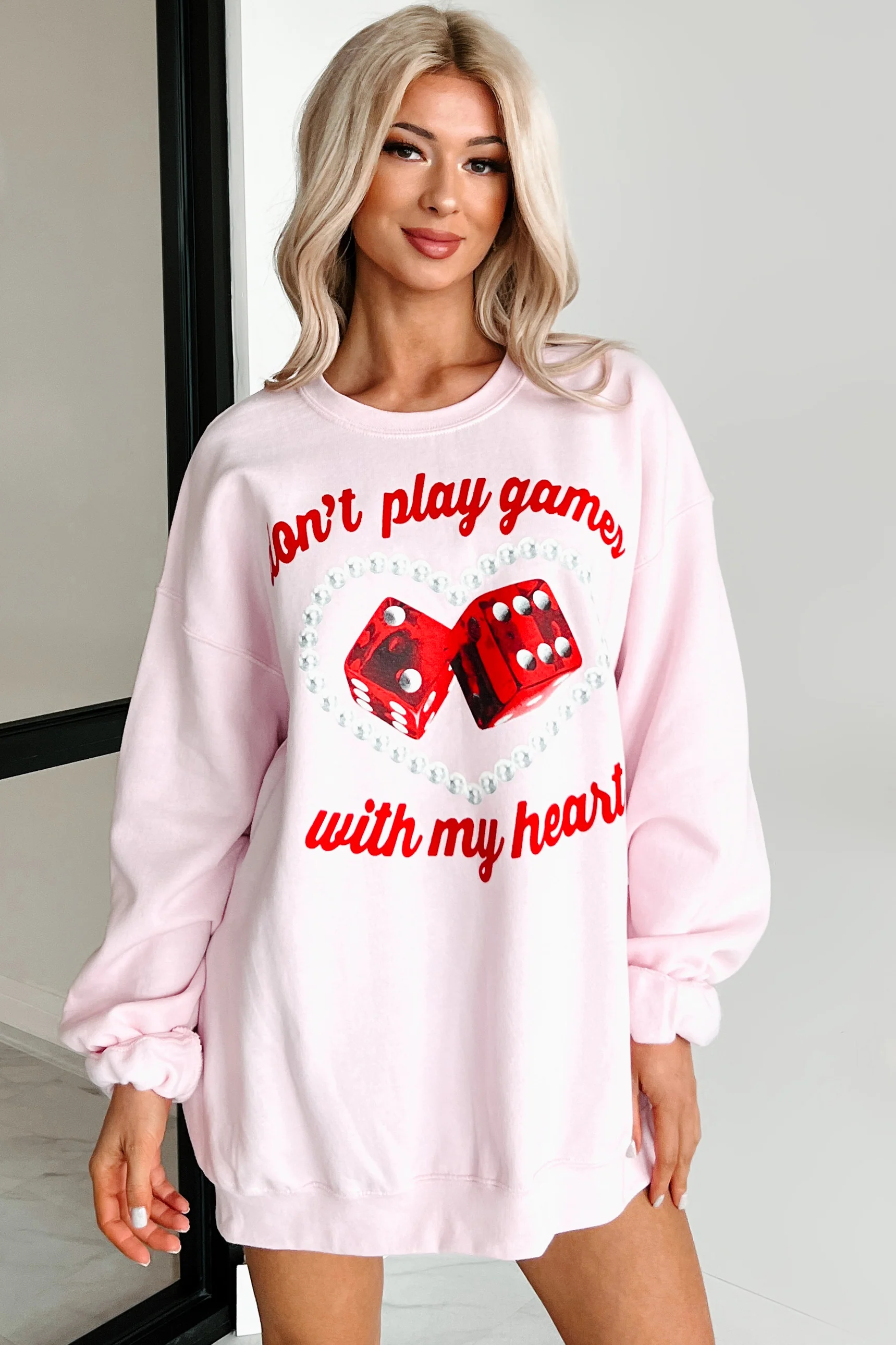 "Don't Play Games With My Heart" Graphic Crewneck (Light Pink) - Image 8