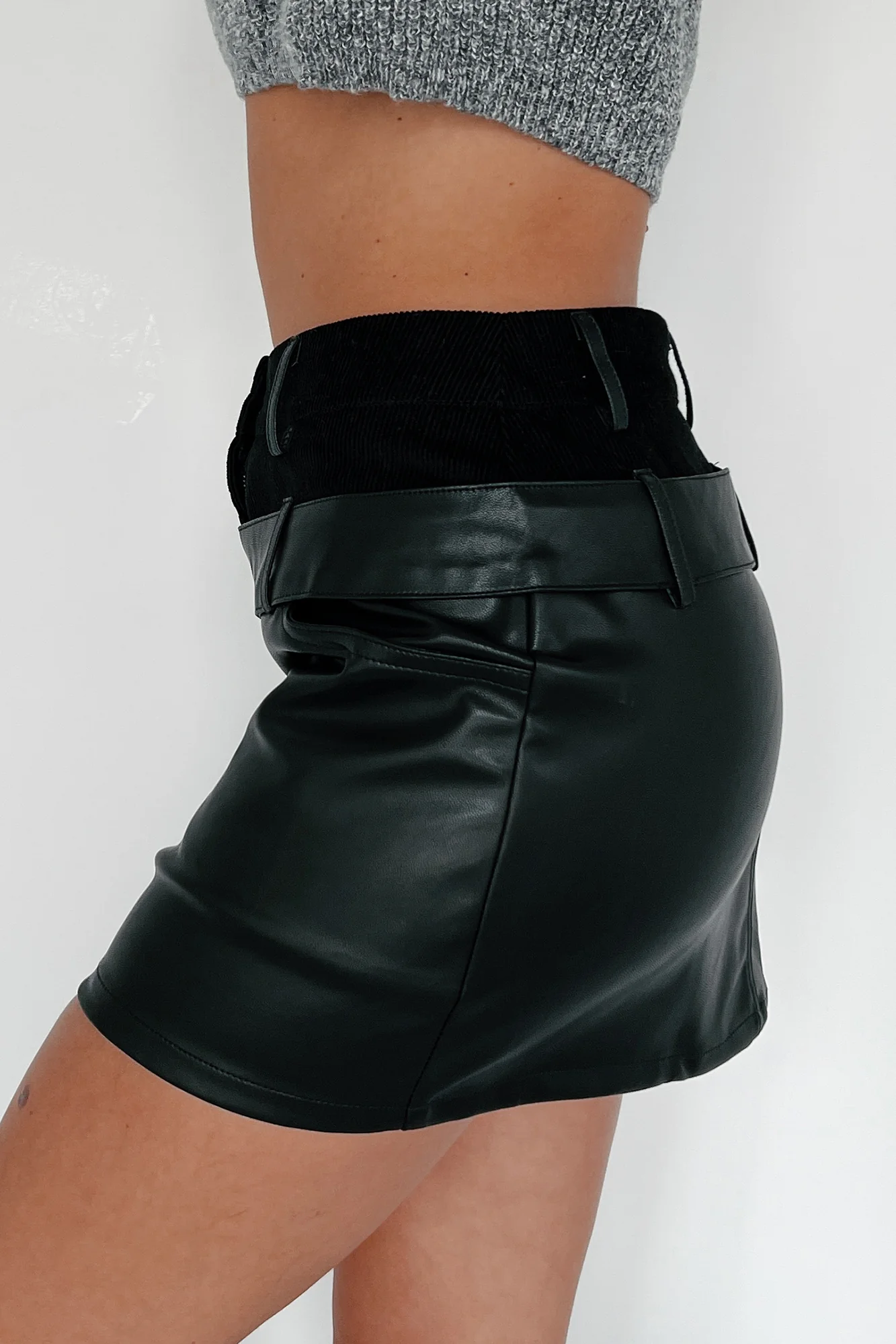 Don't Trust Me Double-Waisted Faux Leather Skirt (Black) - Image 6