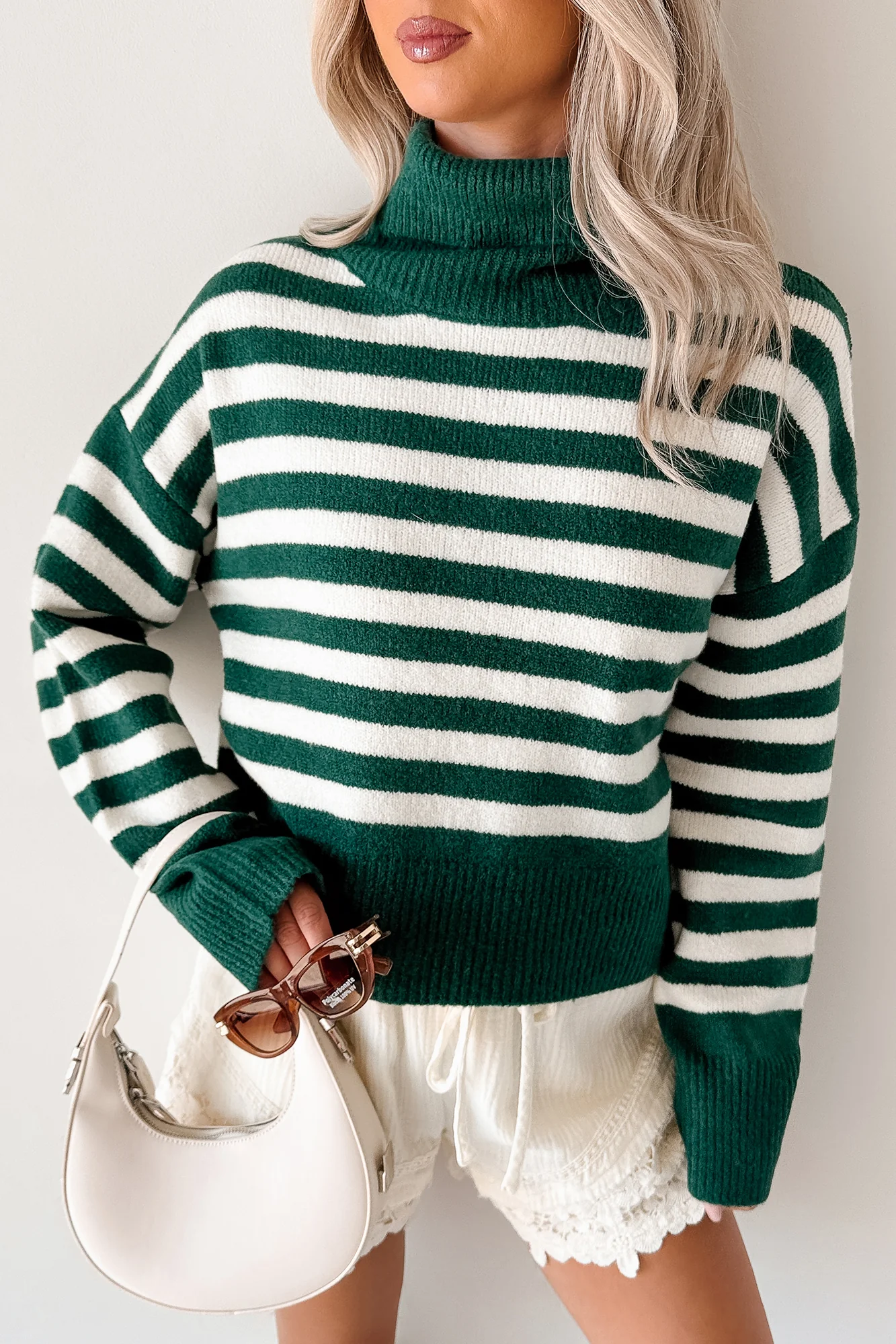 Don't You Worry Striped Turtleneck Sweater (Green/Ivory) - Image 2