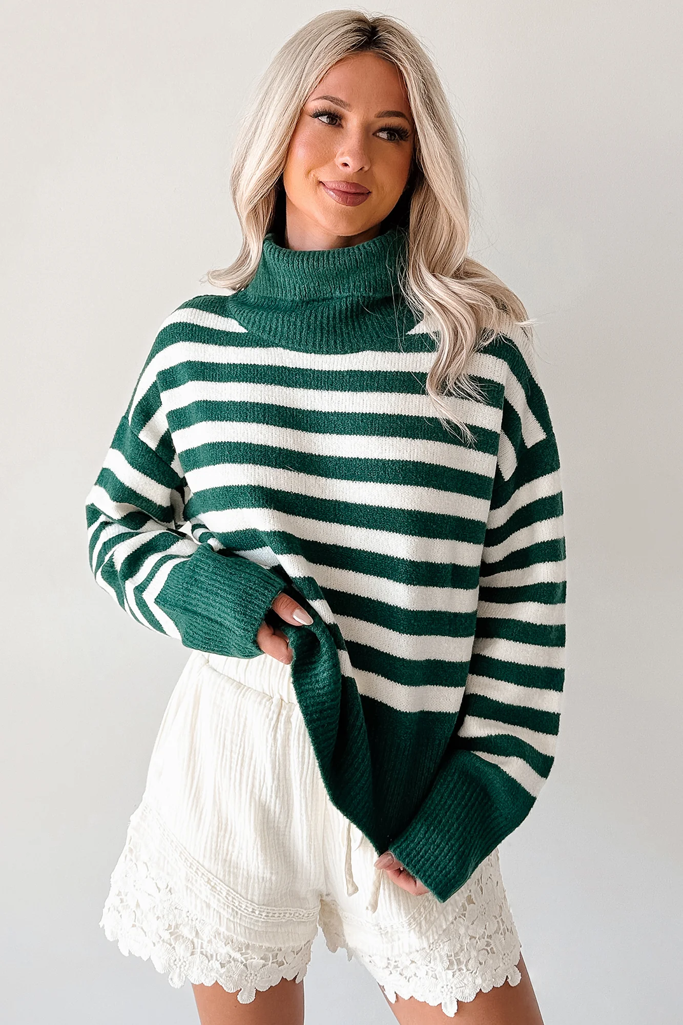 Don't You Worry Striped Turtleneck Sweater (Green/Ivory) - Image 3