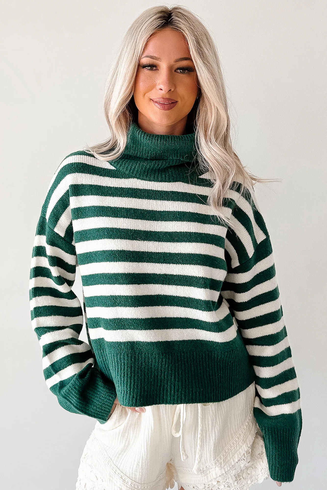 Don't You Worry Striped Turtleneck Sweater (Green/Ivory) - Image 4