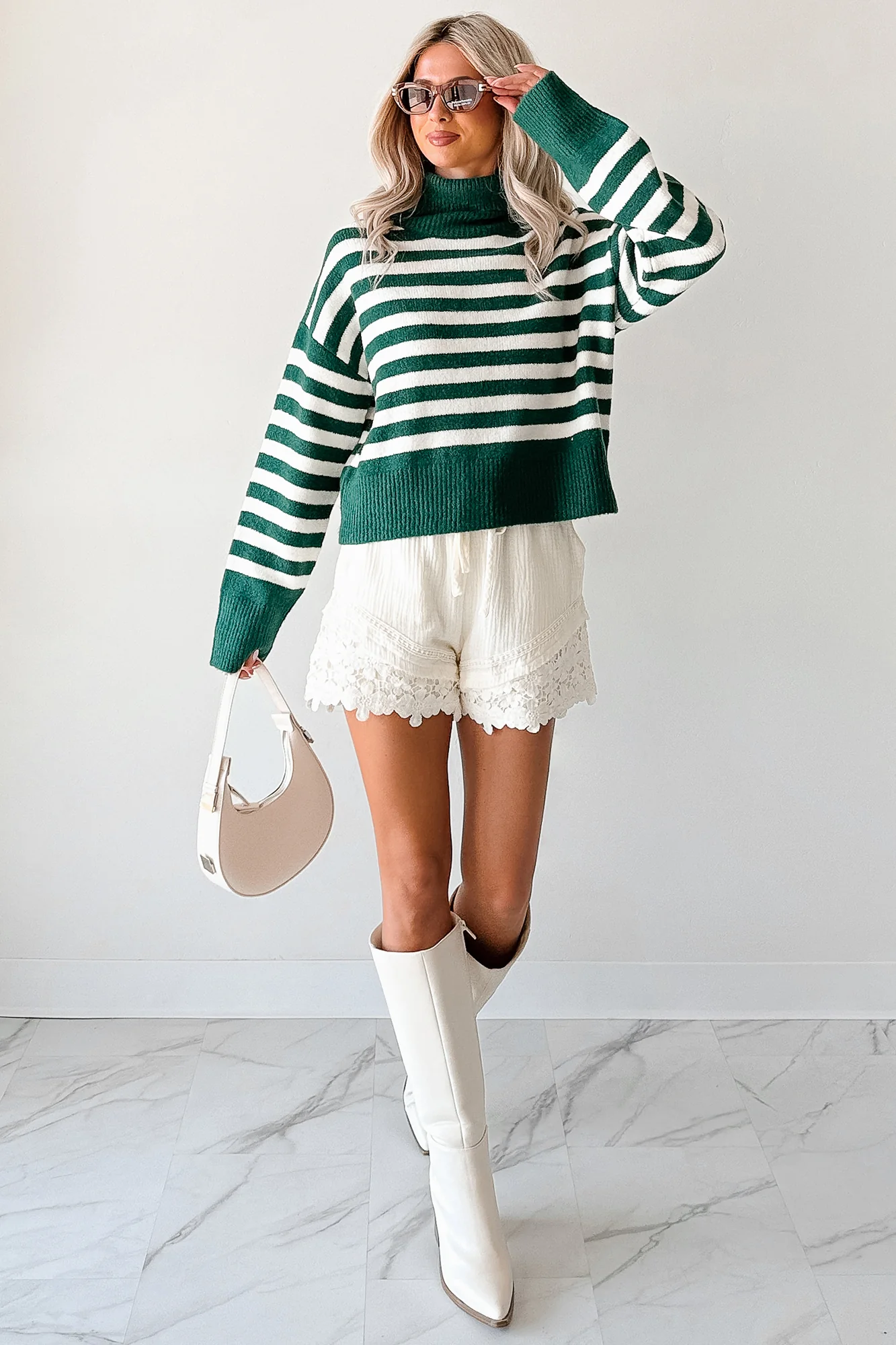 Don't You Worry Striped Turtleneck Sweater (Green/Ivory) - Image 8