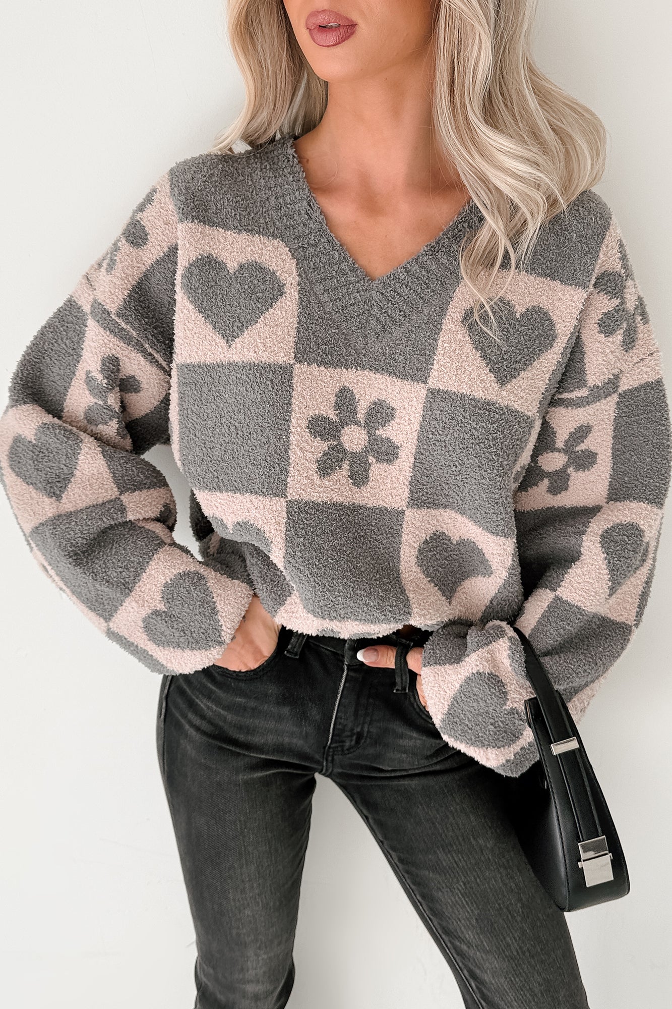 Dream Core Floral Checkered POL Sweater (Grey/Beige) - Image 3
