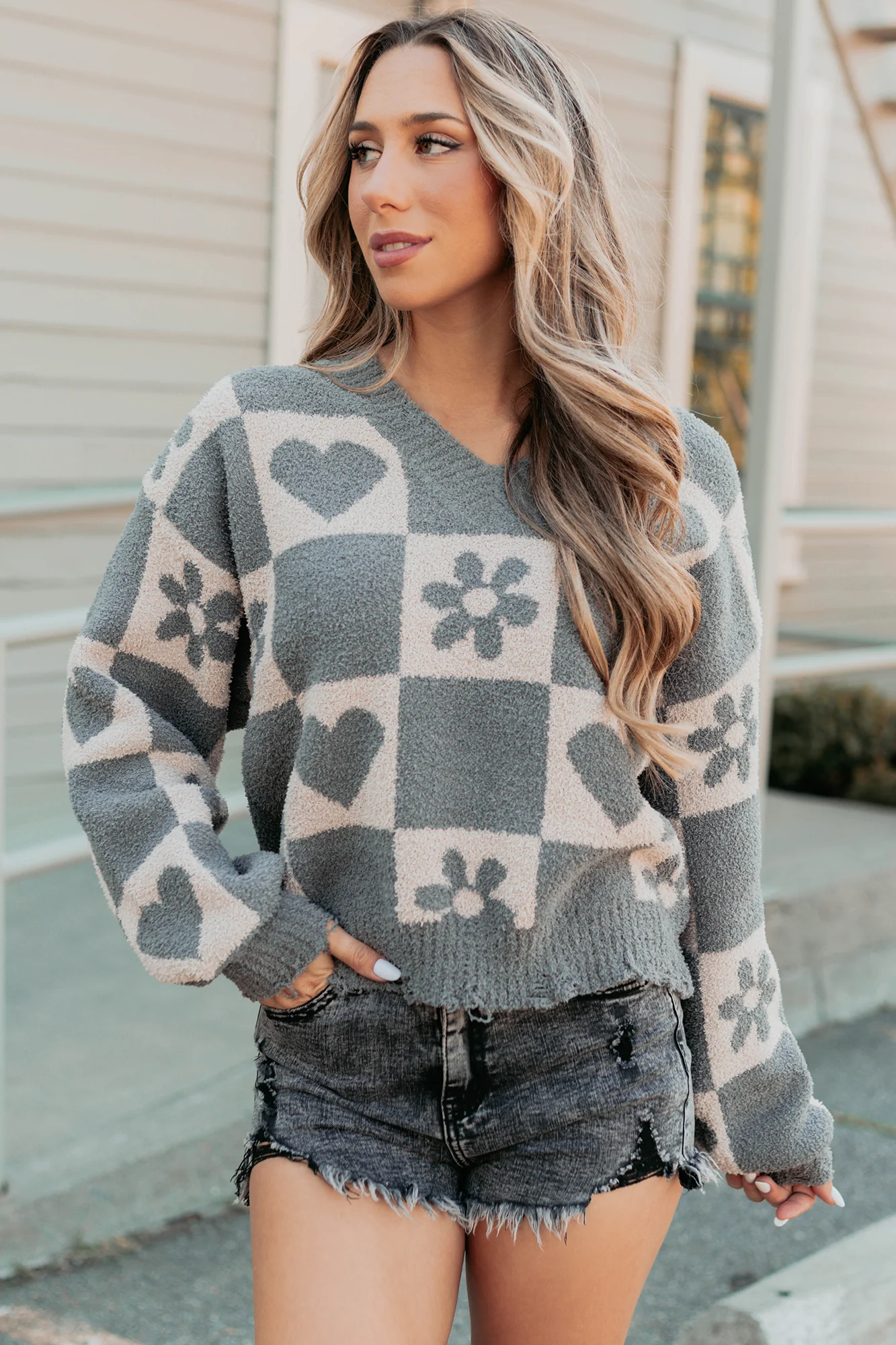 Dream Core Floral Checkered POL Sweater (Grey/Beige) - Image 5