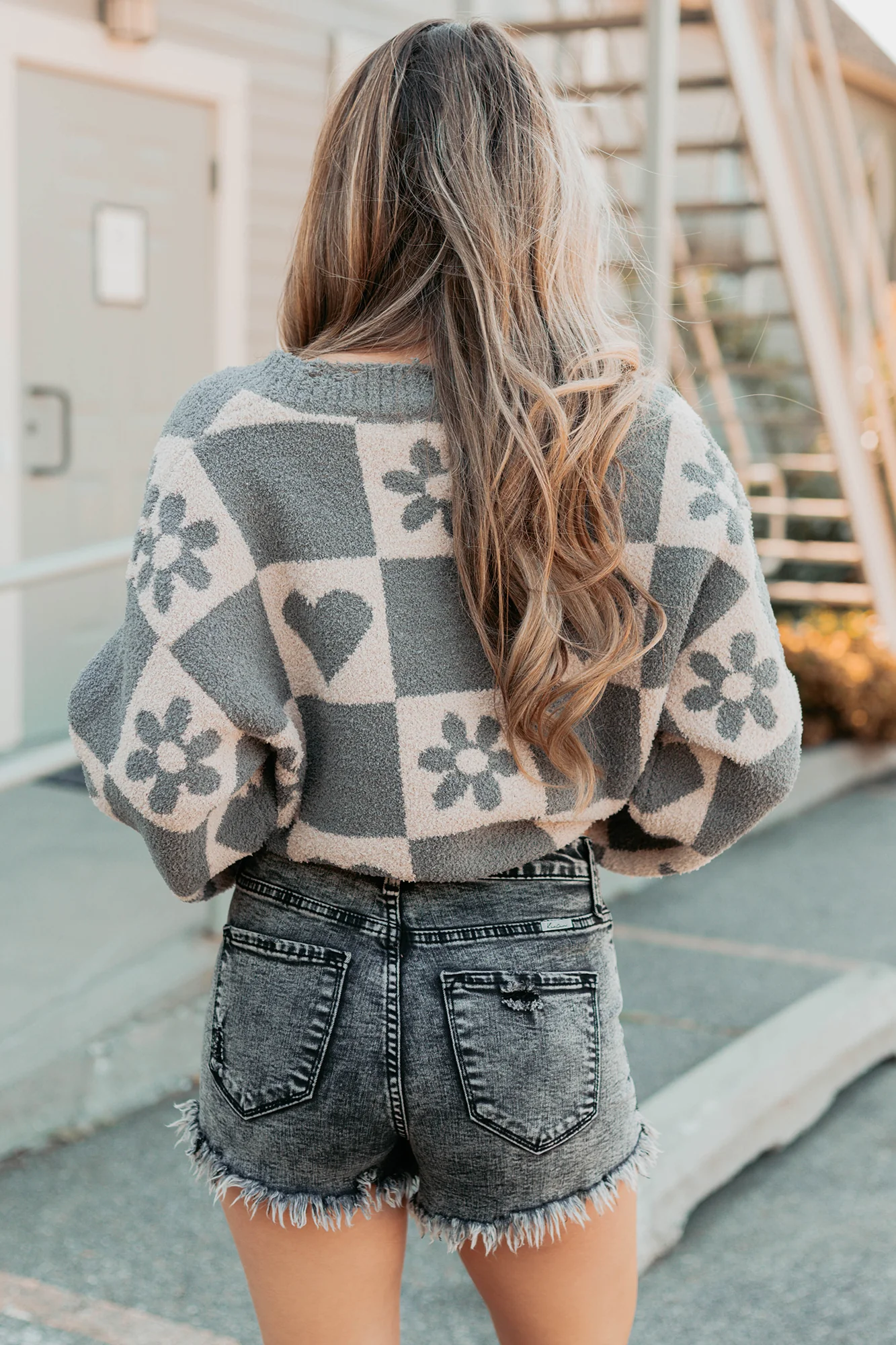 Dream Core Floral Checkered POL Sweater (Grey/Beige) - Image 6