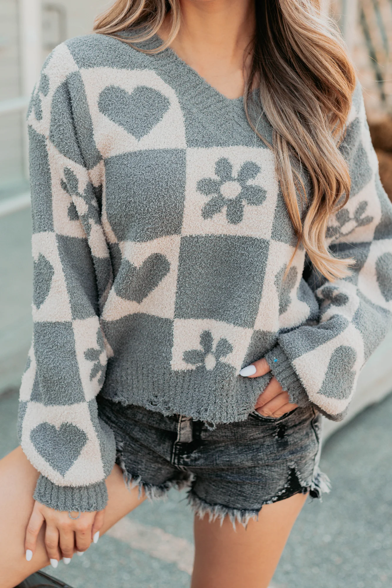 Dream Core Floral Checkered POL Sweater (Grey/Beige) - Image 7