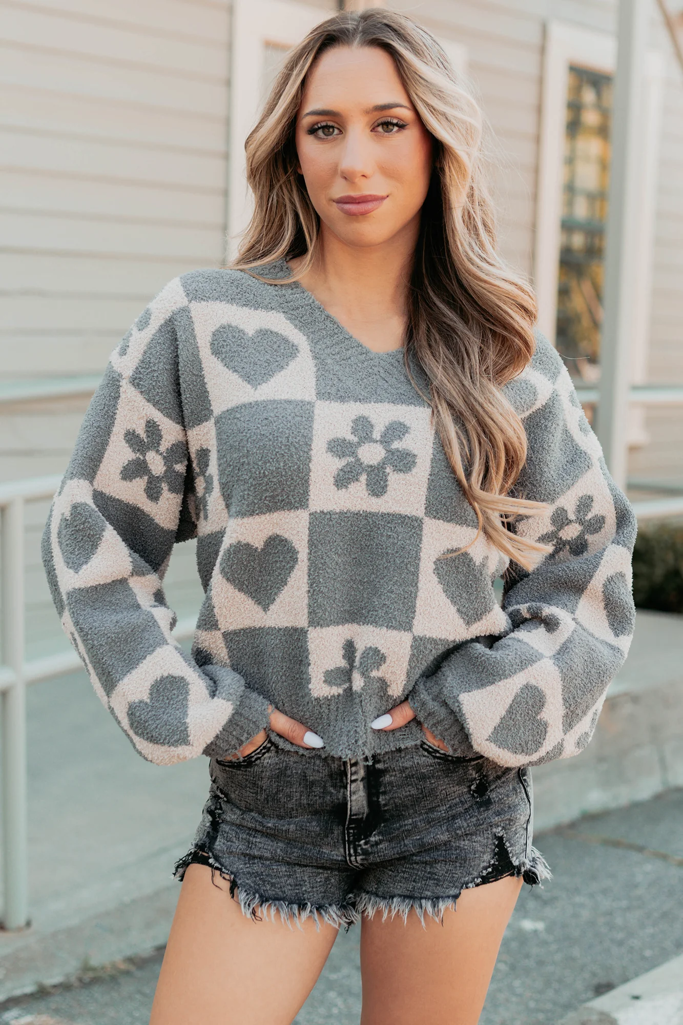 Dream Core Floral Checkered POL Sweater (Grey/Beige) - Image 9
