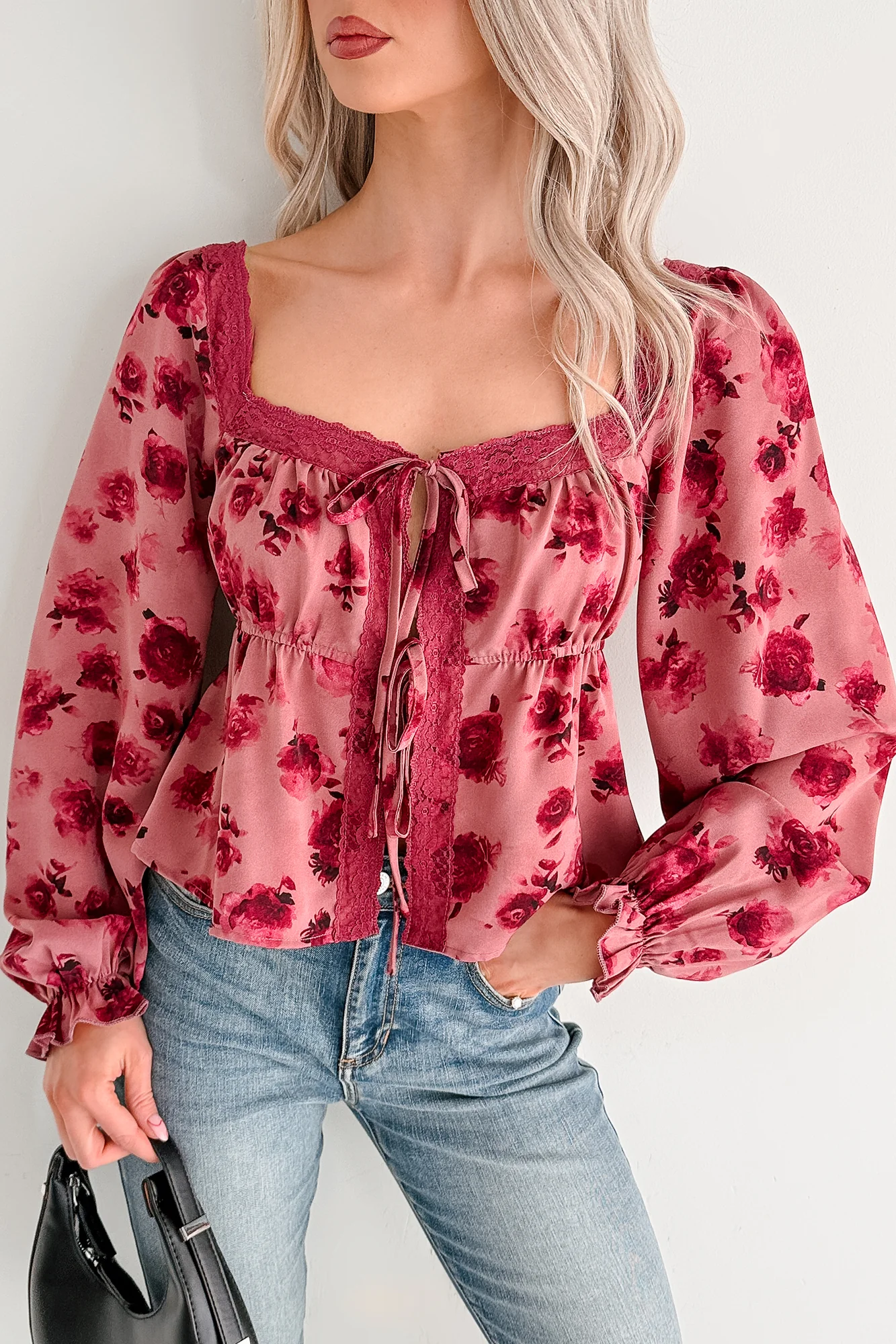 Dream In Bloom Lace Trim Open Tie Front Top (Mauve Floral) - Image 3