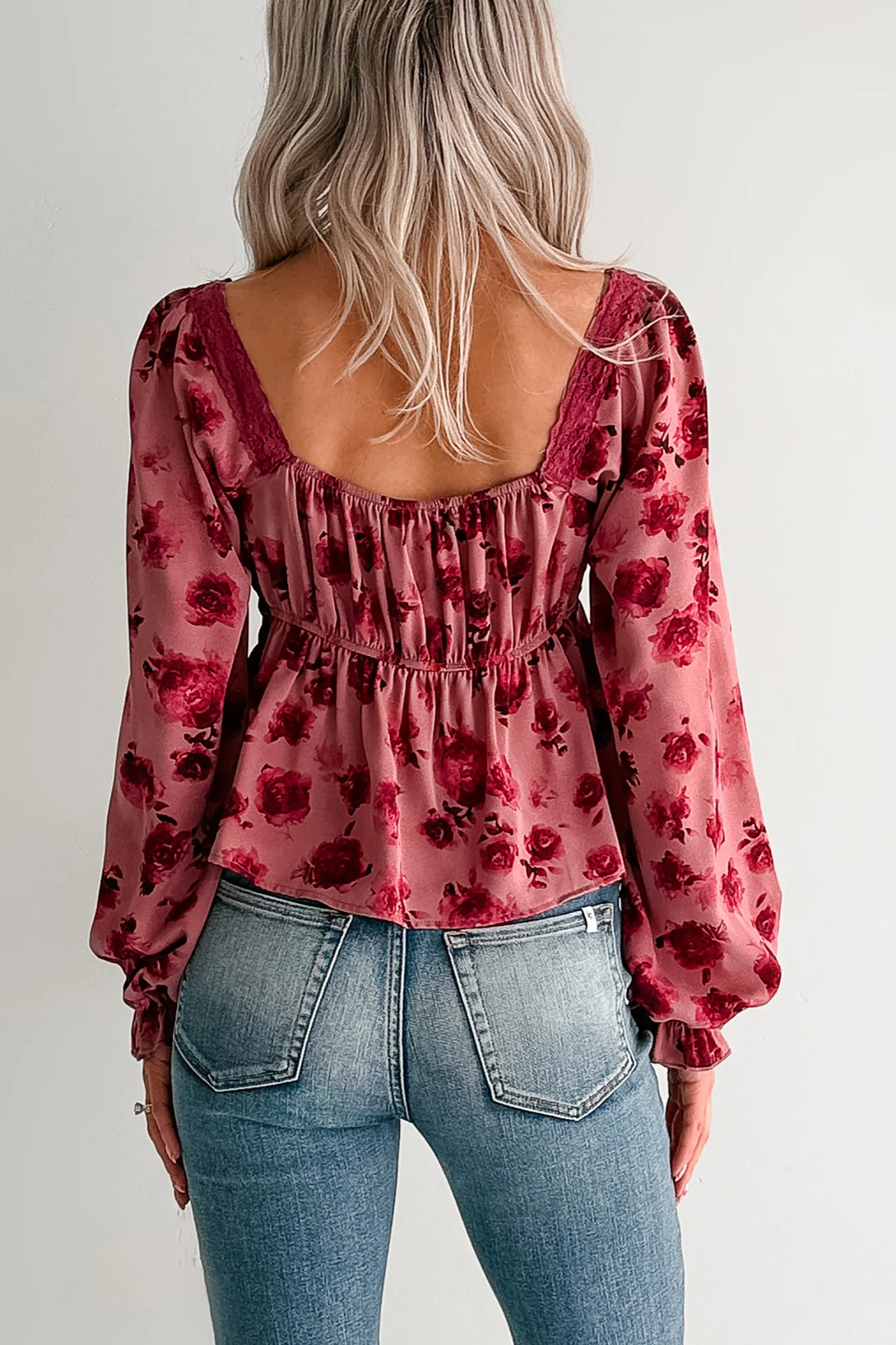 Dream In Bloom Lace Trim Open Tie Front Top (Mauve Floral) - Image 4