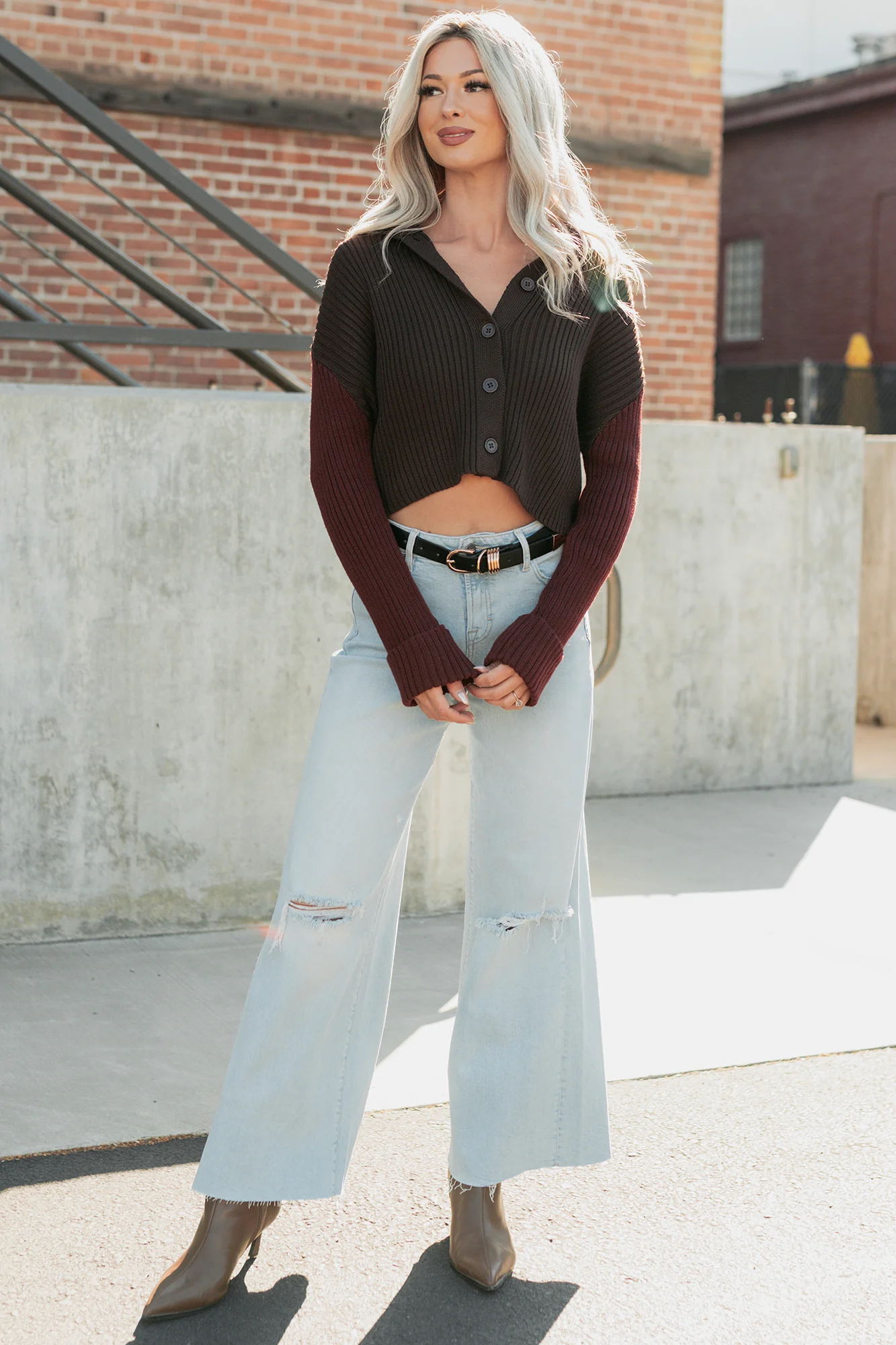 Dream Mirage Contrast Sleeve Cardigan Sweater (Espresso) - Image 10