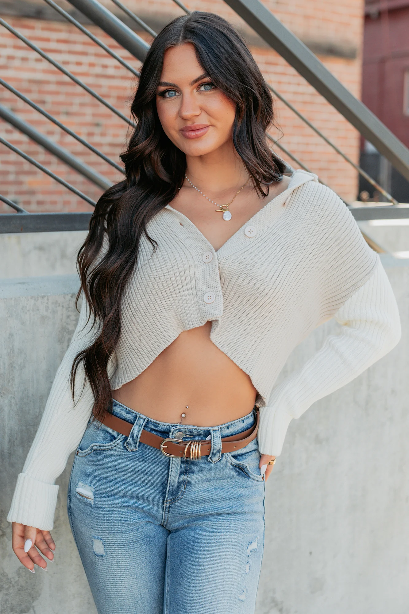 Dream Mirage Contrast Sleeve Cardigan Sweater (Sand) - Image 10