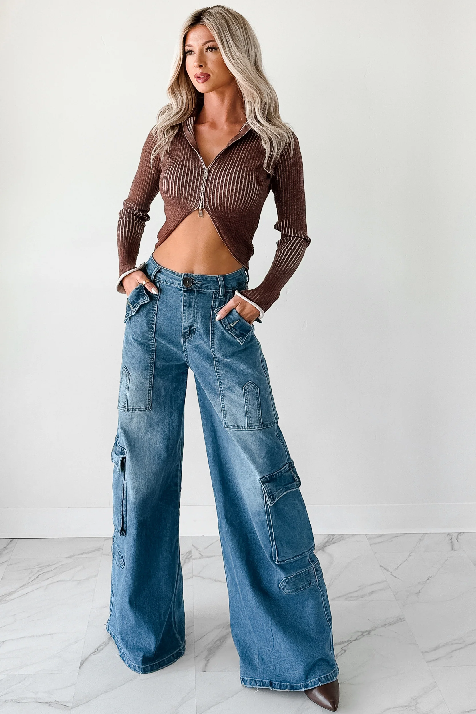 Dreamboat Babe Ribbed Zip-Up Top (Brown) - Image 7