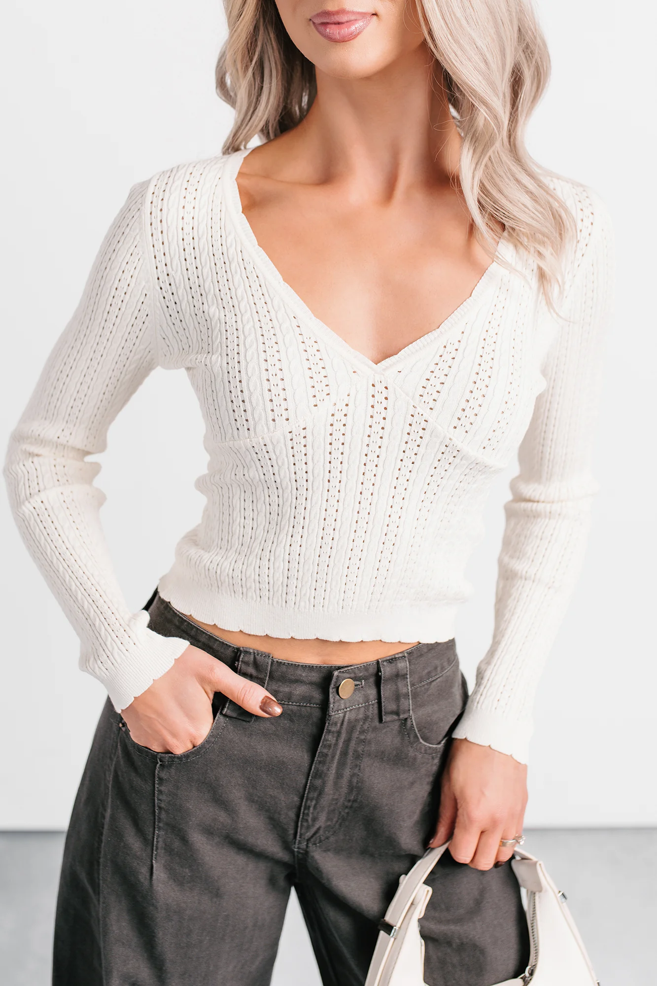 Dreamy Mornings Deep V-Neck Sweater Top (Cream) - Image 2