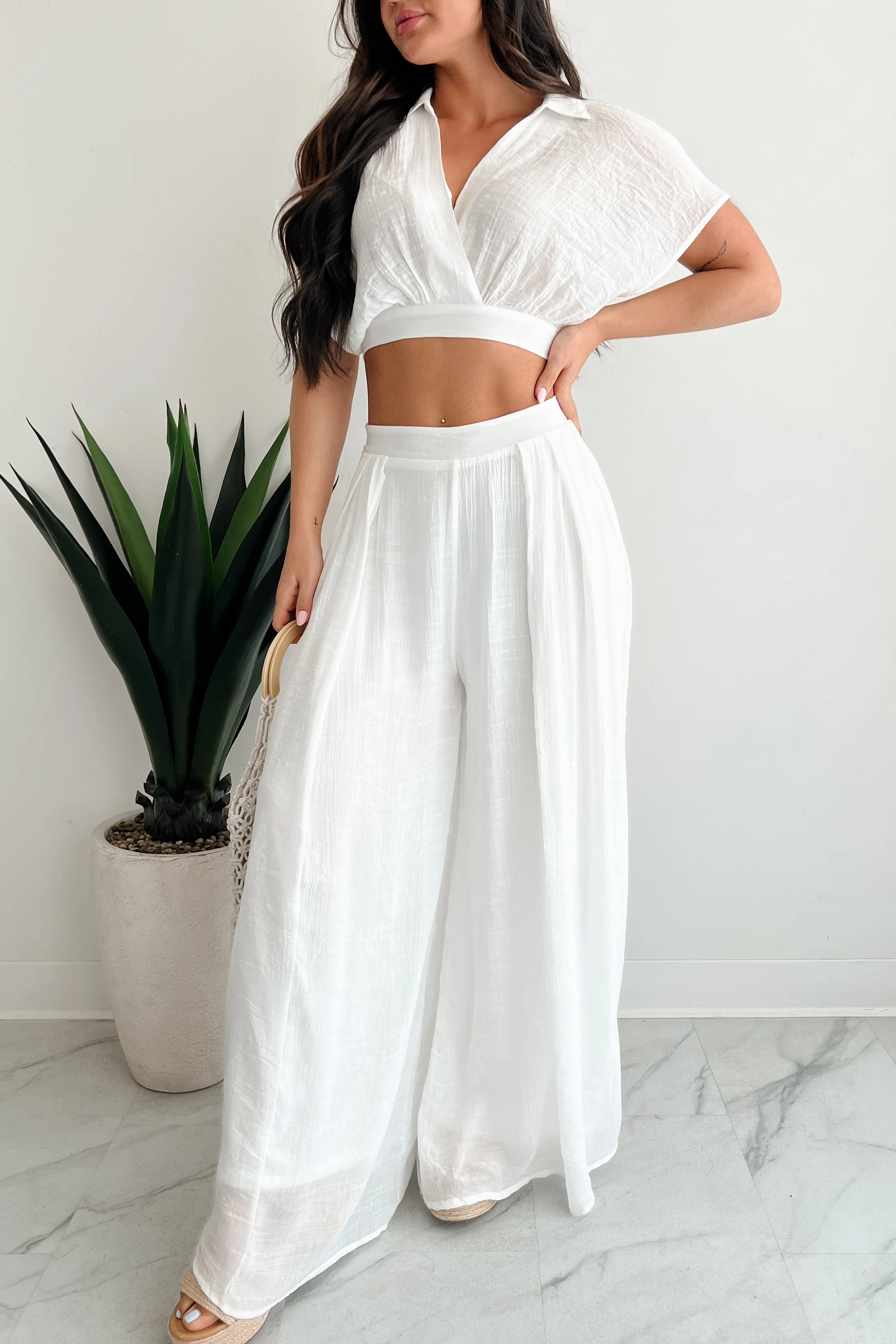 Dreamy Nights Crop Top & Wide Leg Pants Set (White) - Image 3