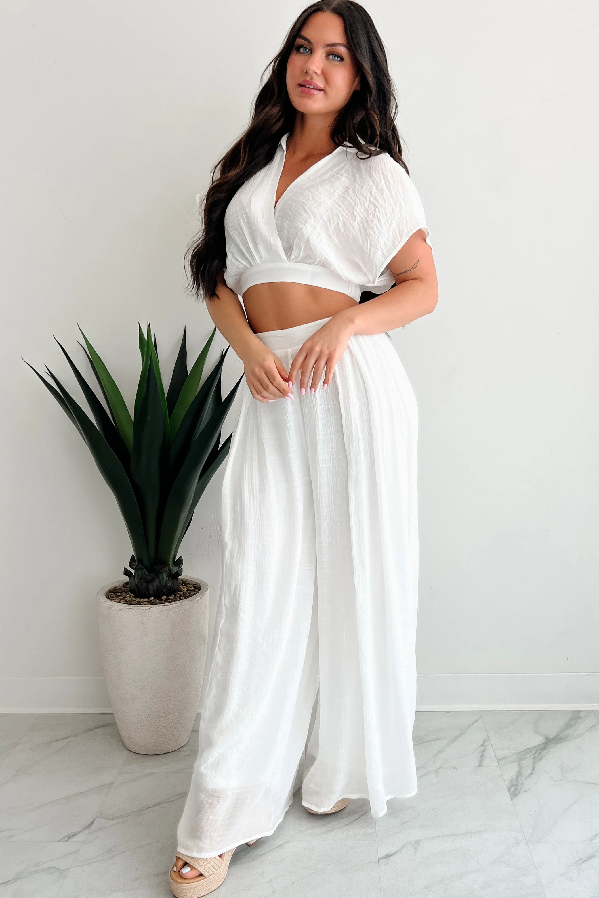 Dreamy Nights Crop Top & Wide Leg Pants Set (White) - Image 4