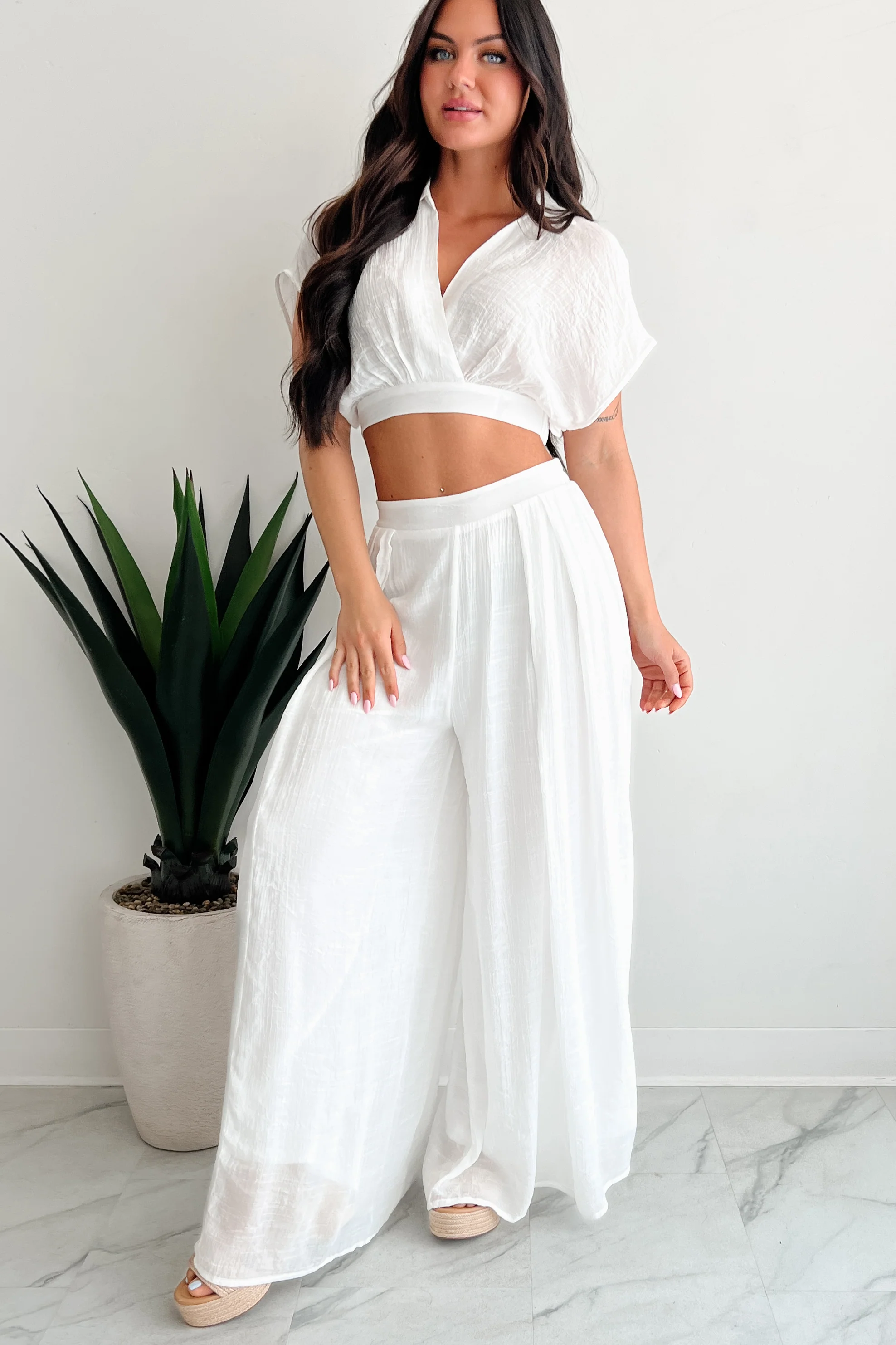 Dreamy Nights Crop Top & Wide Leg Pants Set (White) - Image 5
