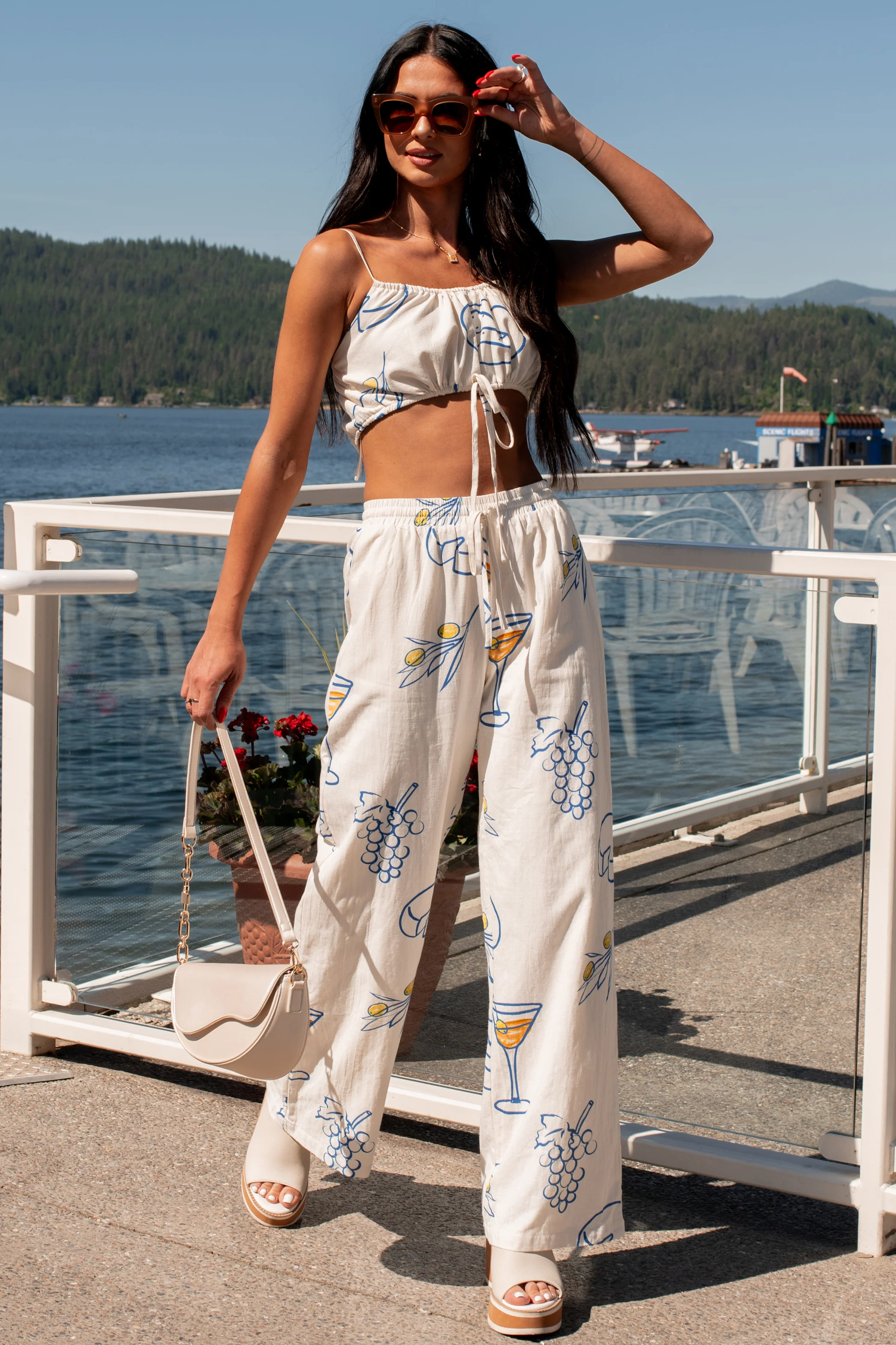 Drinks On The Patio Printed Drawstring Crop Top (Cream) - Image 12