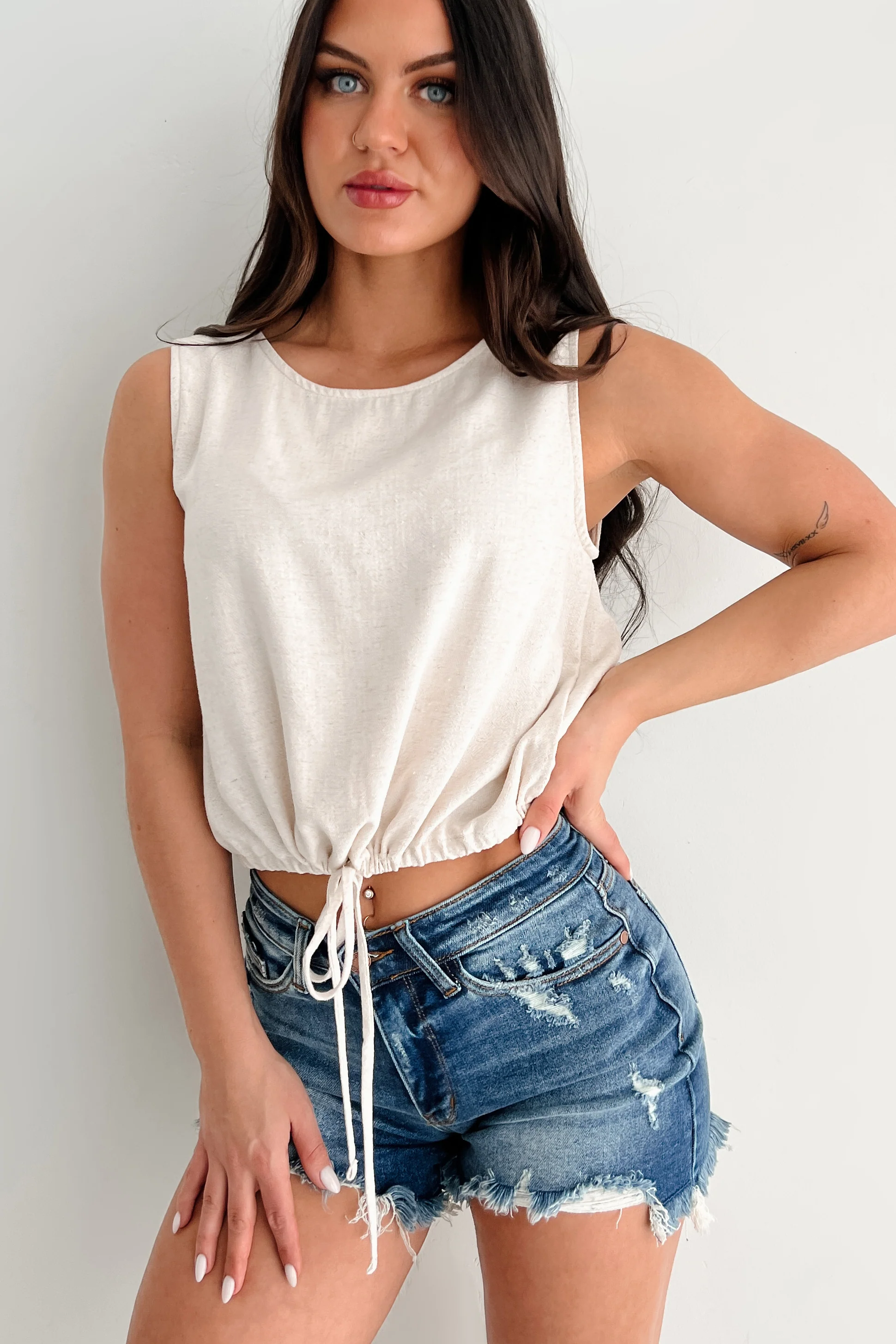 Earth Moments Sleeveless Linen Drawstring Top (Oat) - Image 5
