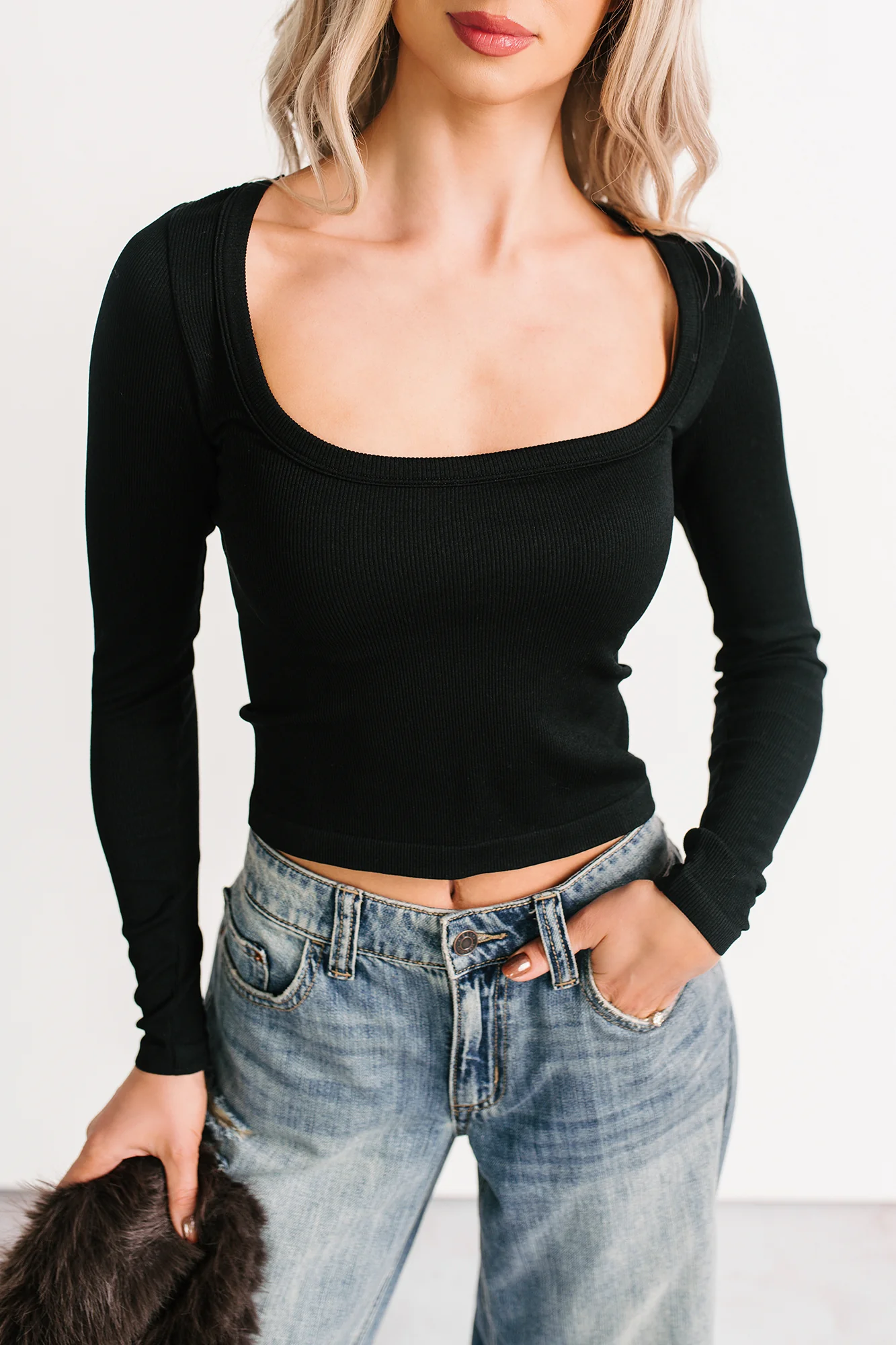 Easy Attitude Scoop Neck Ribbed Crop Top (Black) - Image 7