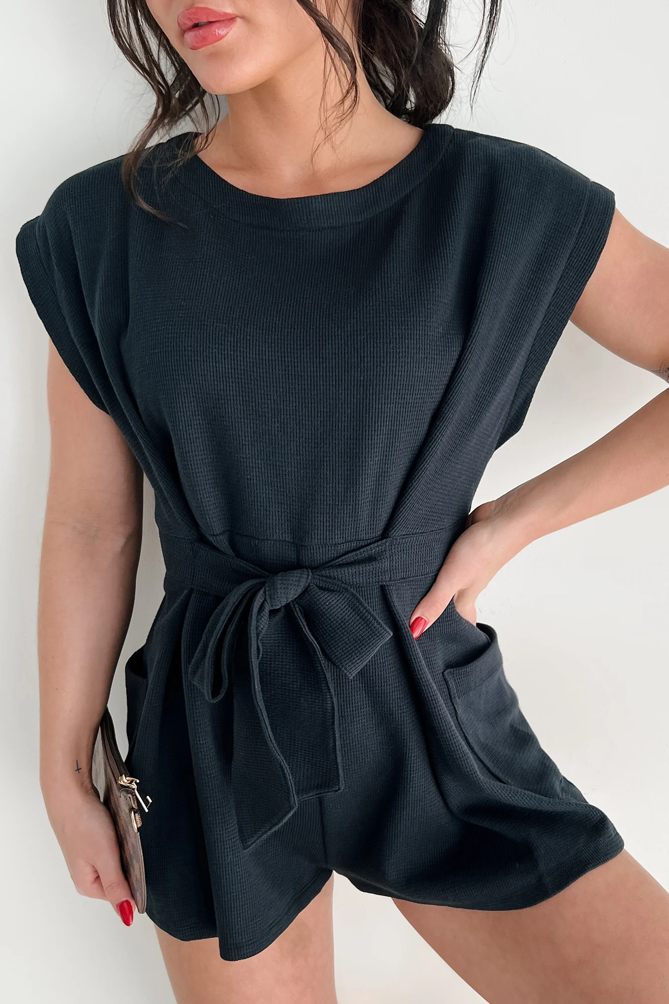 Easy Going Days Tie Front Waffle Knit Romper (Black) - Image 5