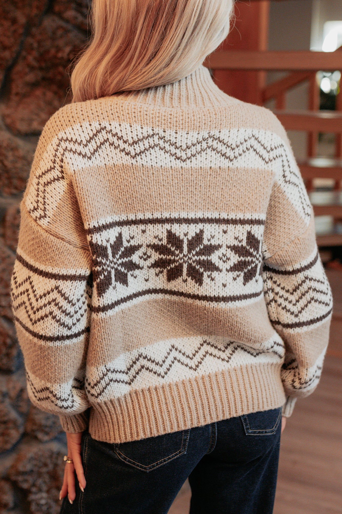 Easy Layers Cable Knit Fair Isle Jacket (Brown/White) - Image 5