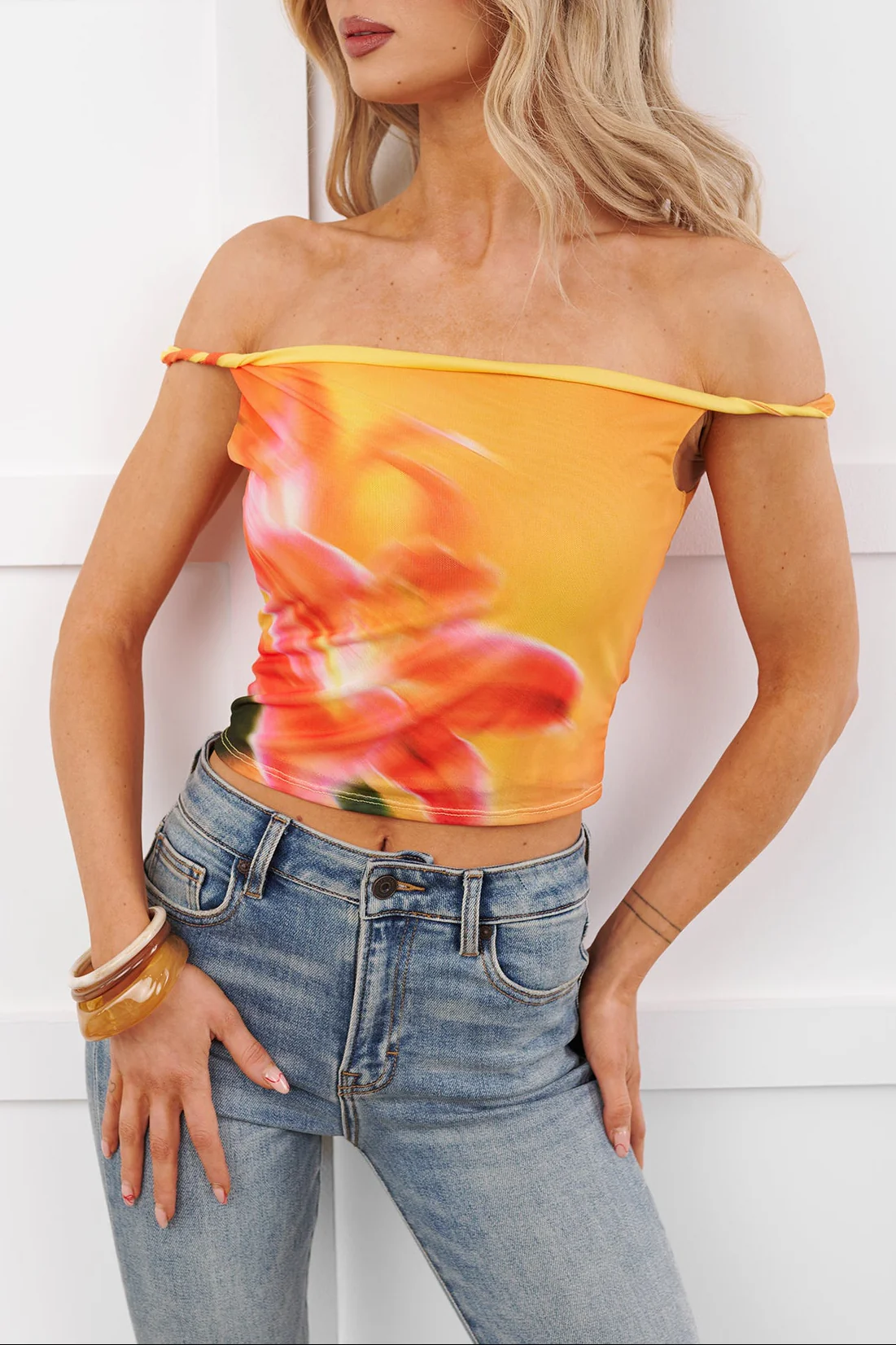 Easy Mood Sleeveless Cowl Crop Top (Orange/Multi) - Image 4