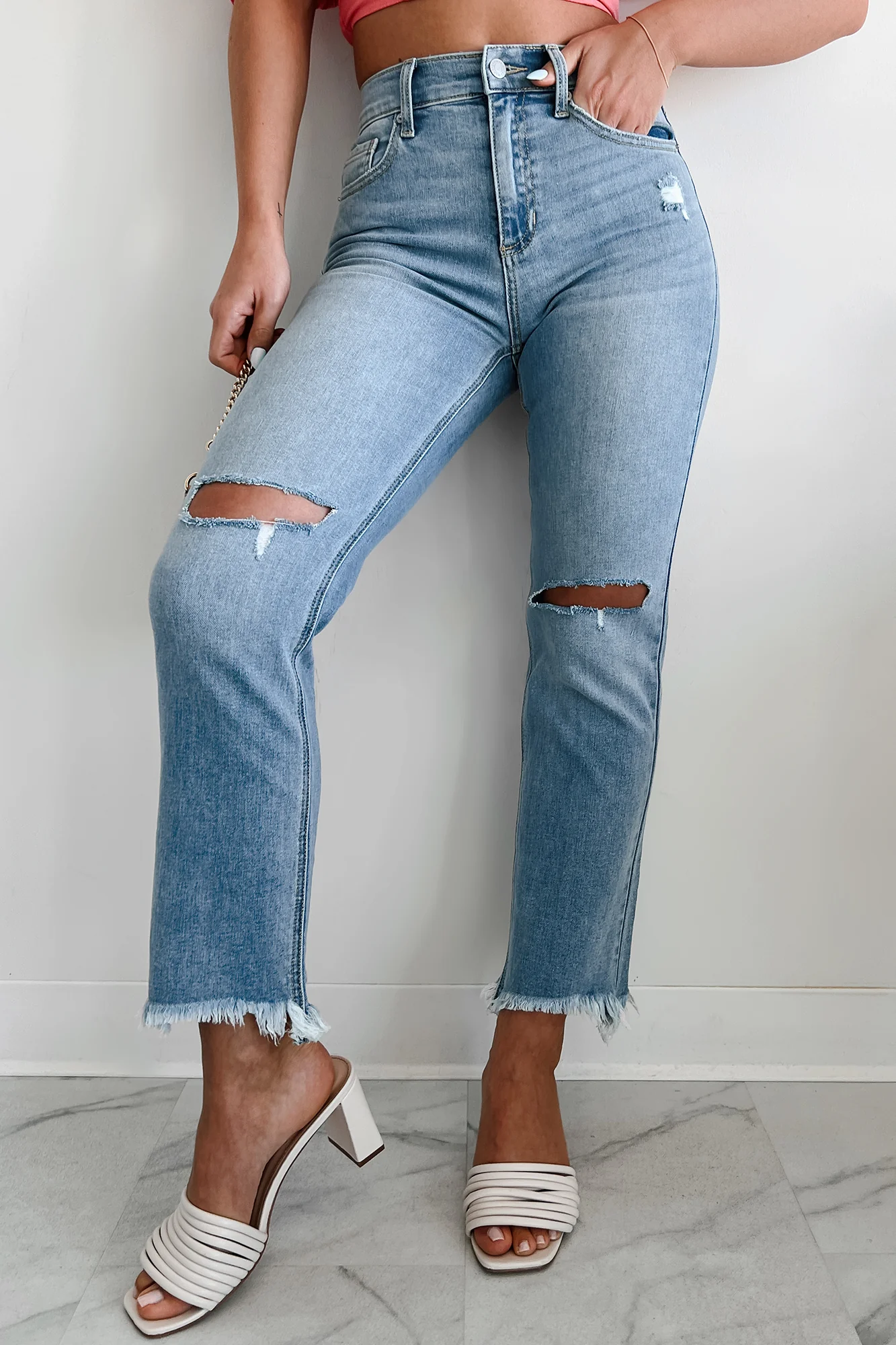 Effie High Rise Distressed Sneak Peek Straight Leg Jeans (Light) - Image 3