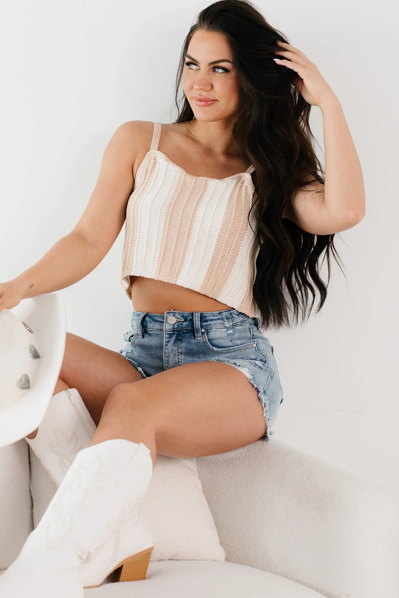 Electric Attraction Striped Crochet Tank Top (Taupe) - Image 8