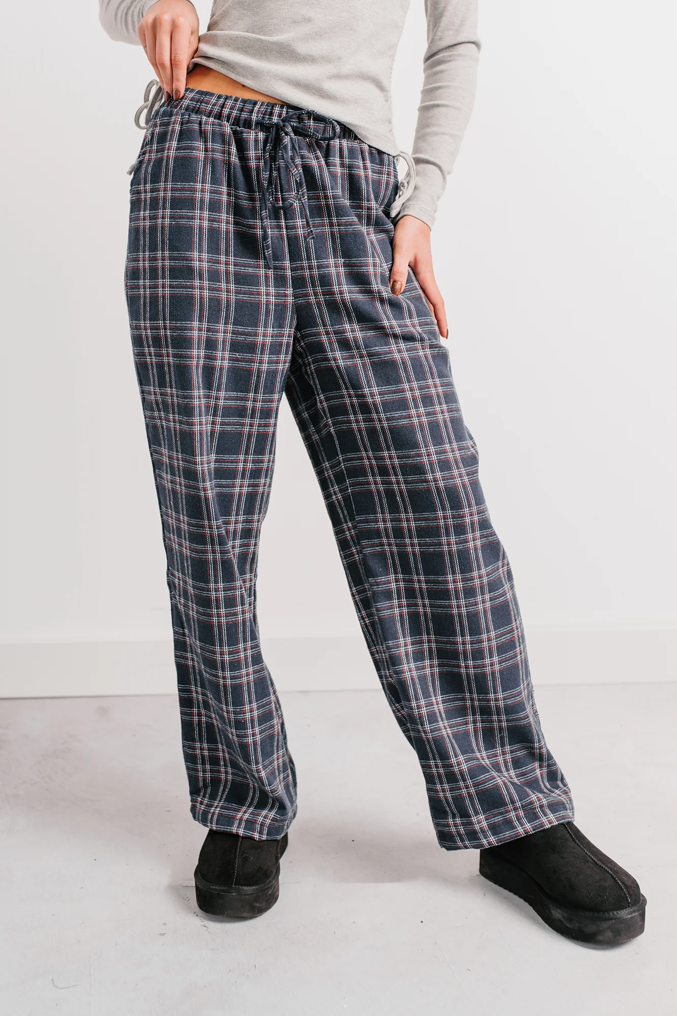 Embracing Less Wide Leg Plaid Pants (Navy) - Image 5