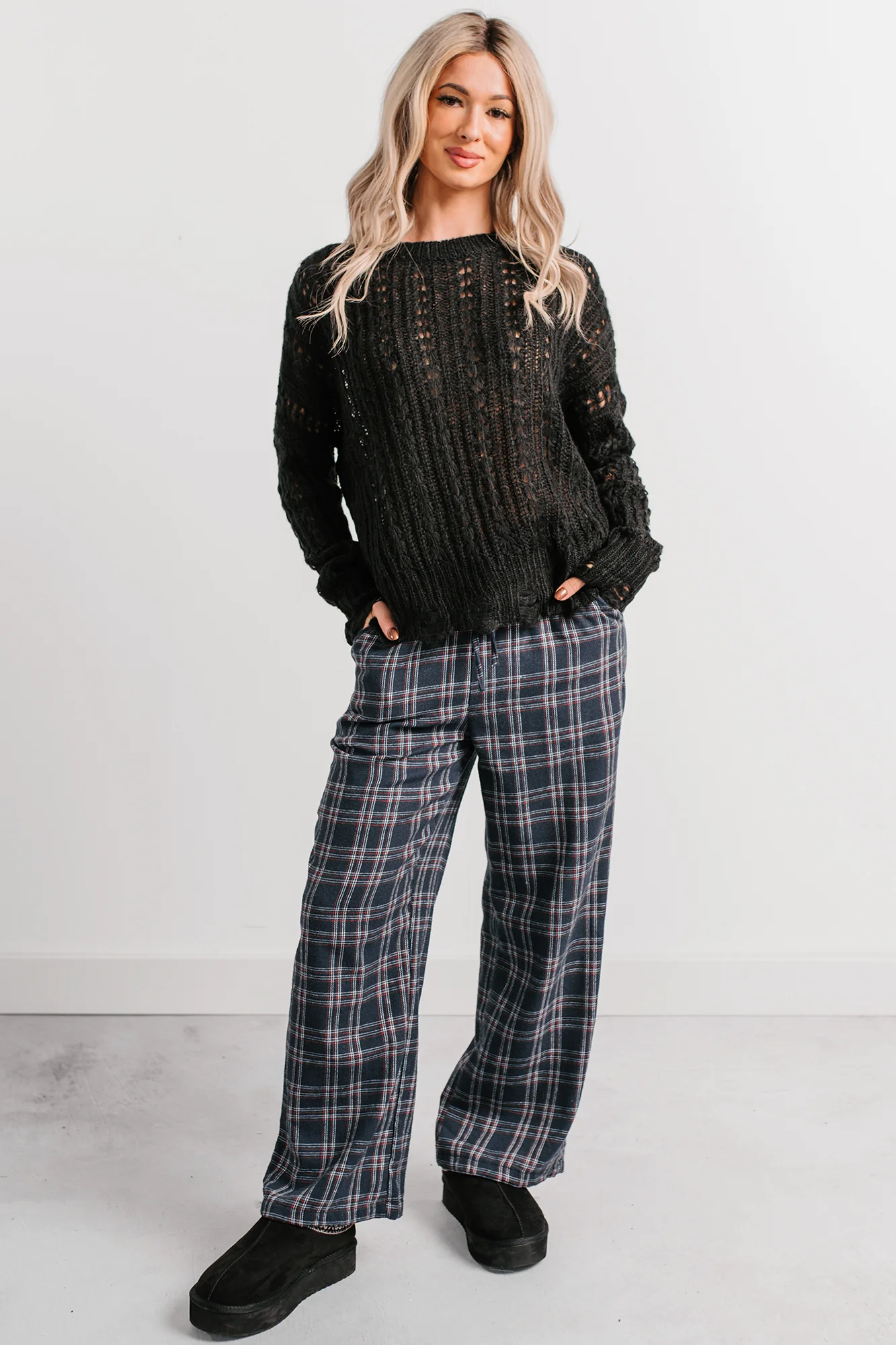 Embracing Less Wide Leg Plaid Pants (Navy) - Image 6