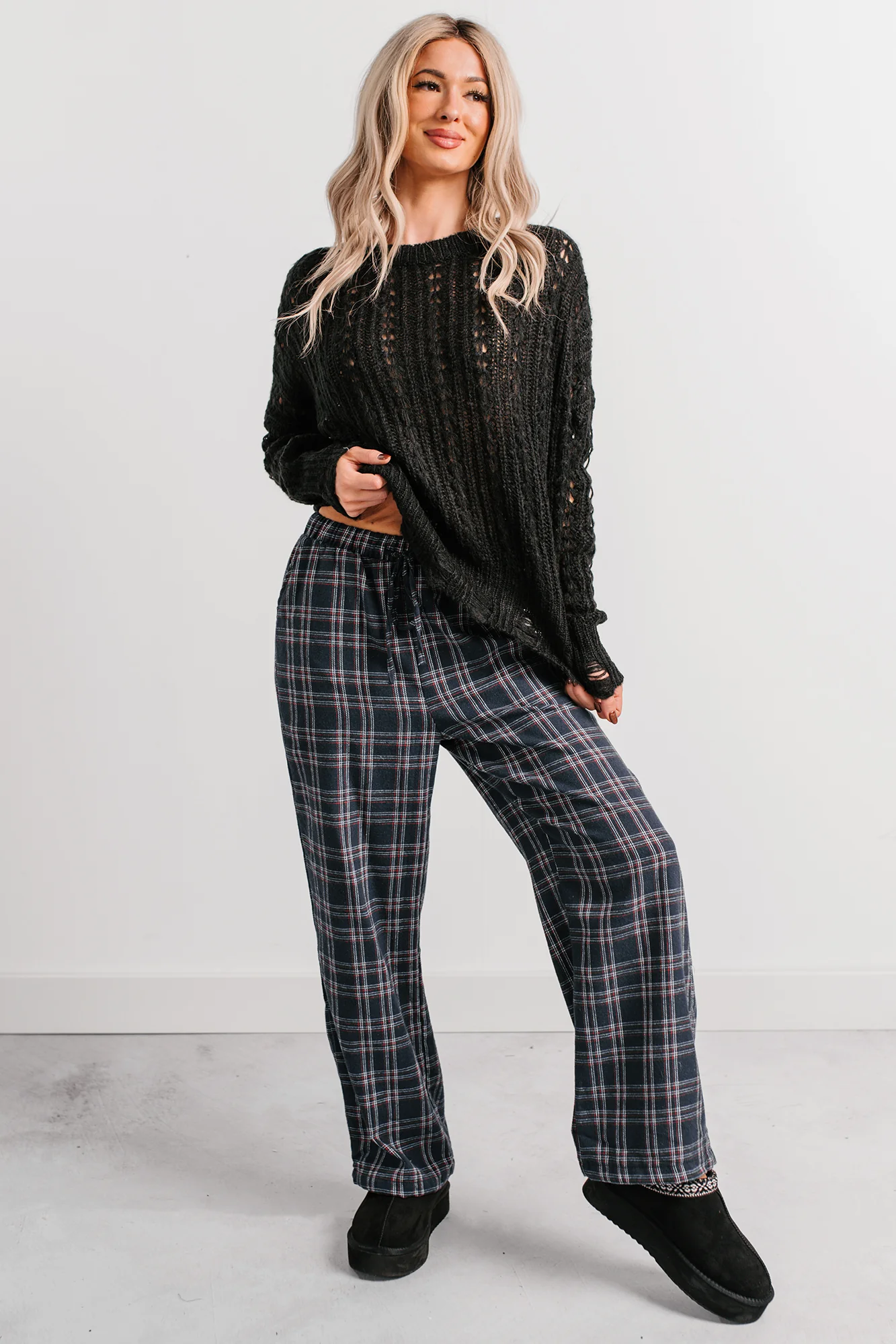 Embracing Less Wide Leg Plaid Pants (Navy) - Image 7