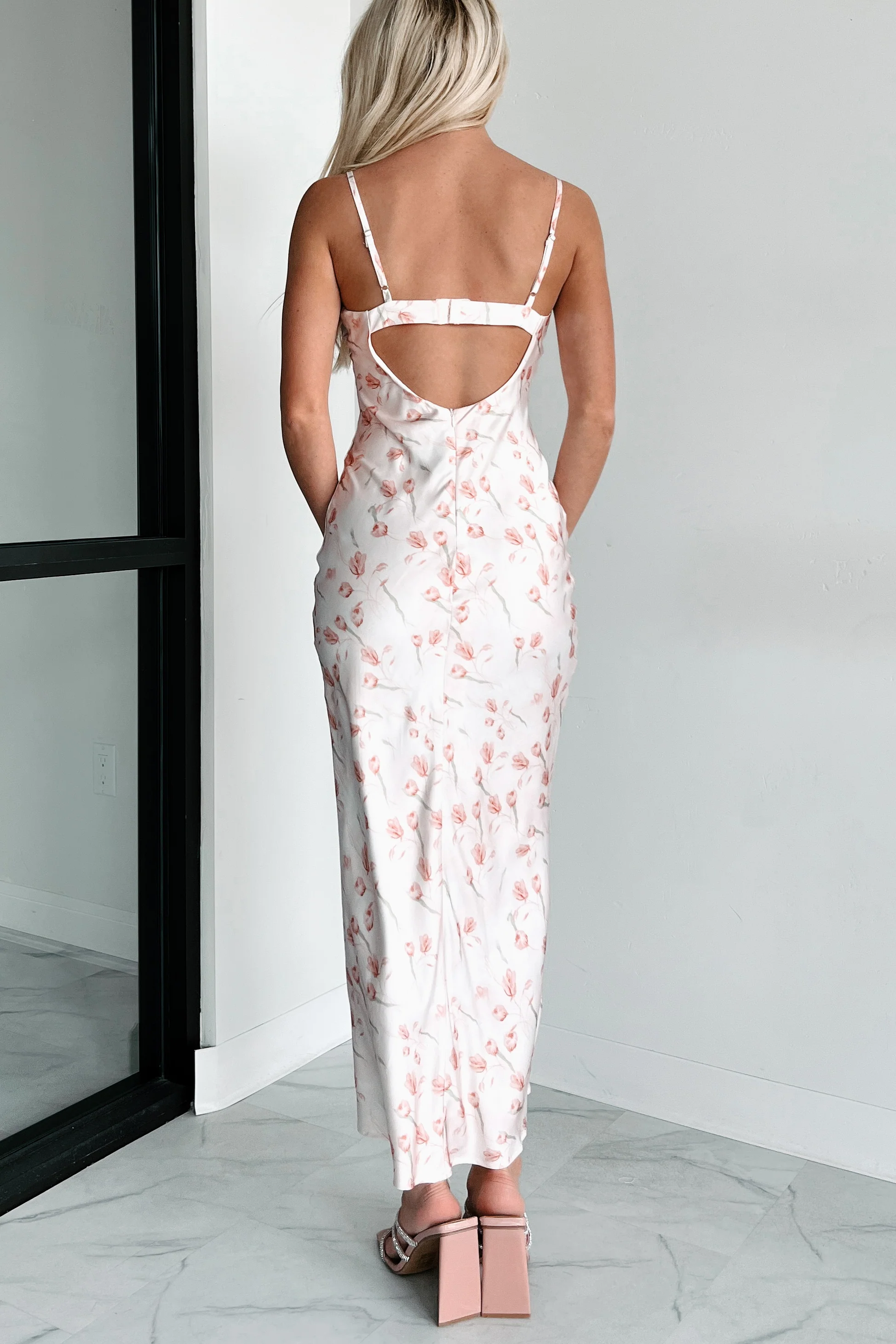 Enchanting Elegance Floral Satin Midi Dress (Blush) - Image 6