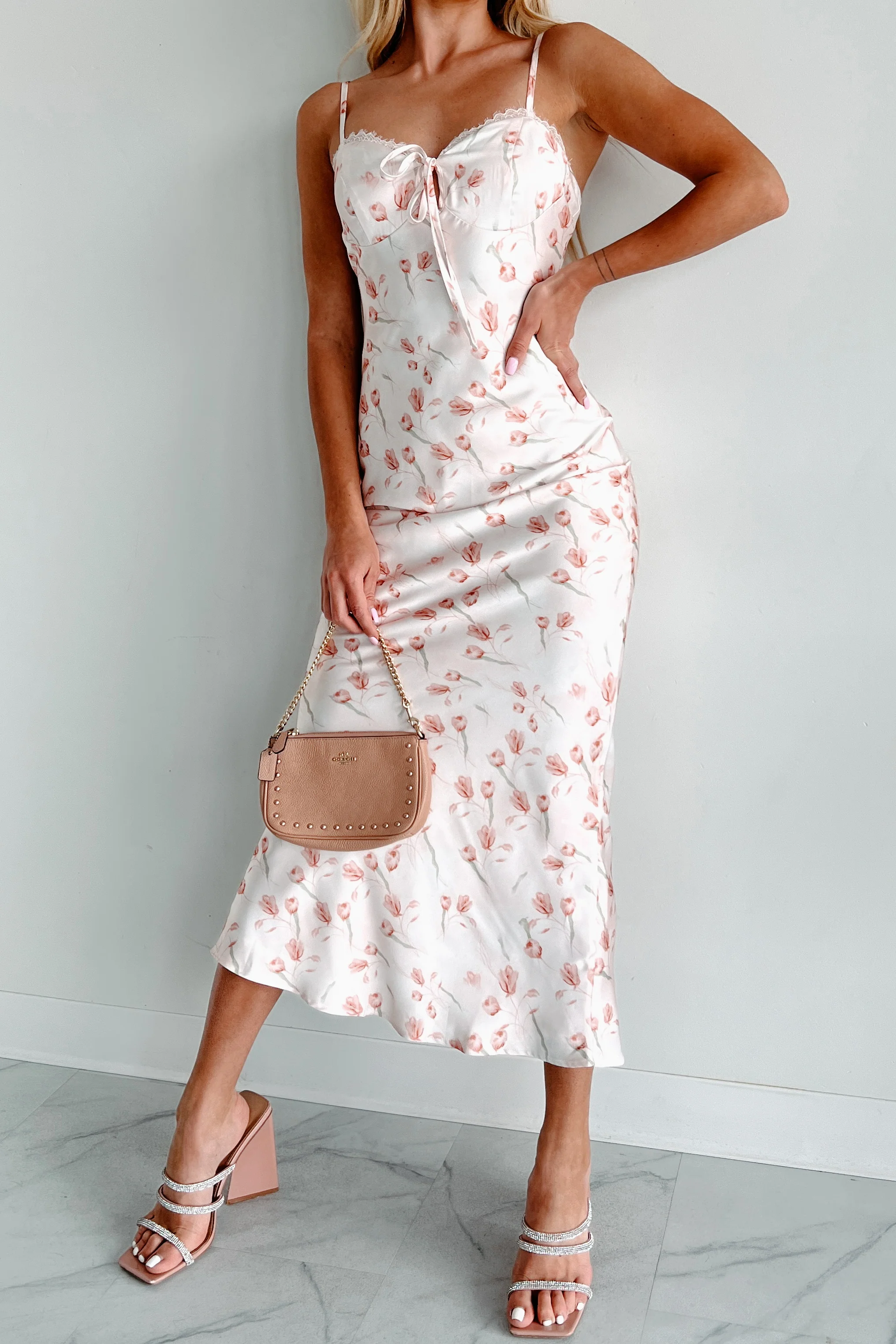 Enchanting Elegance Floral Satin Midi Dress (Blush) - Image 9