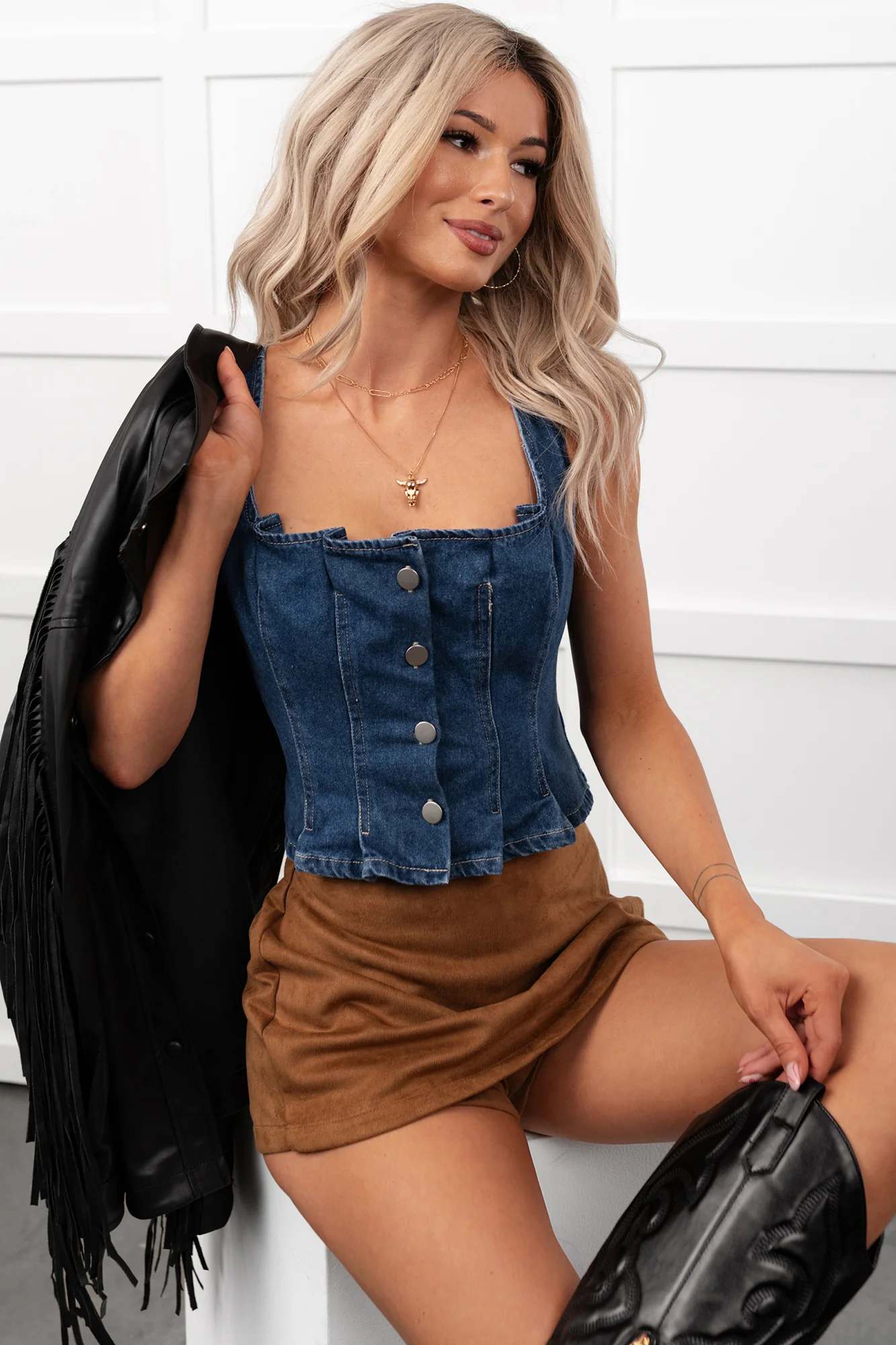 End Of Beginning Pleated Denim Tank Top (Denim) - Image 3