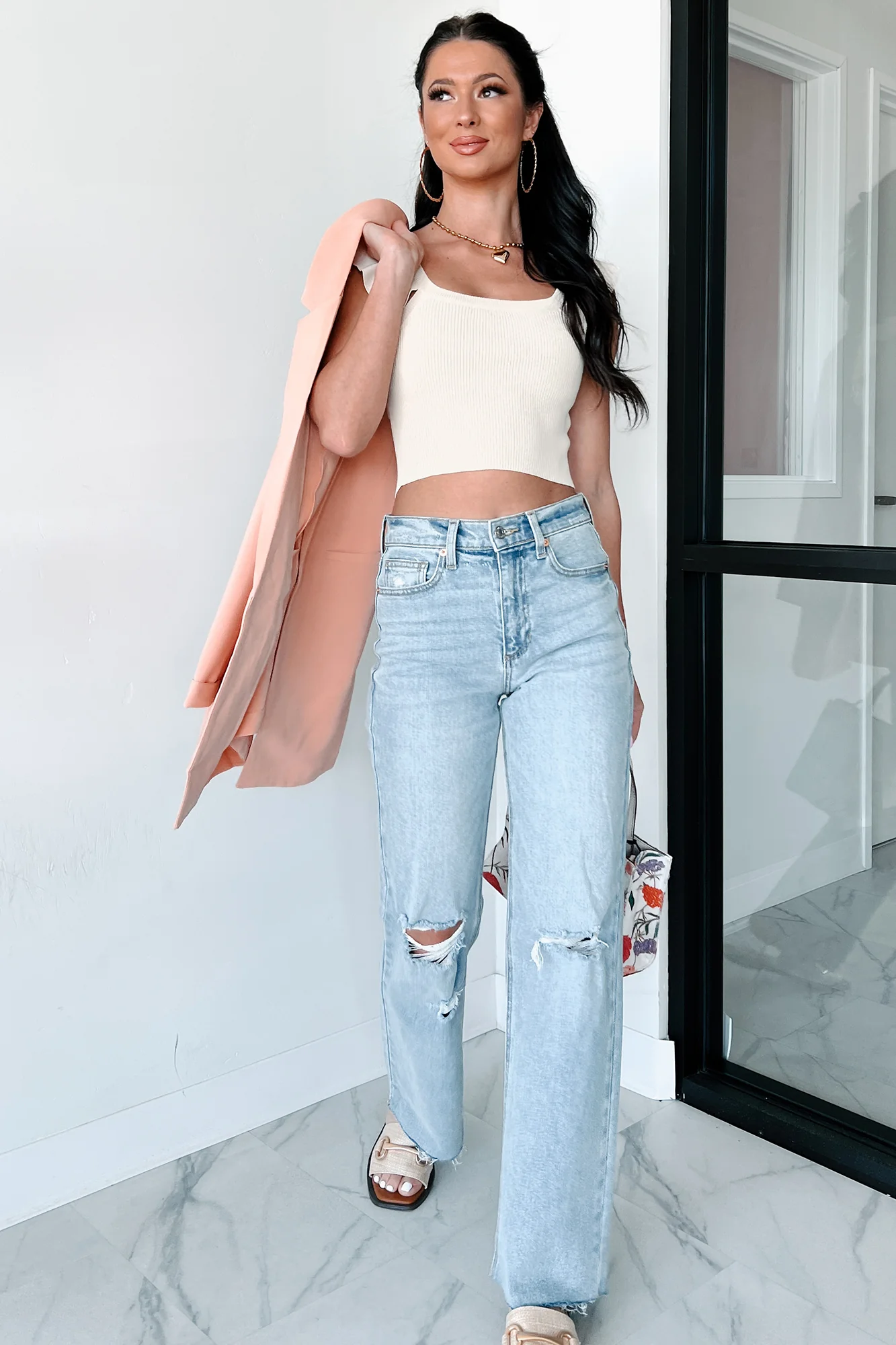 Enid High Rise Distressed Sneak Peek Straight Leg Jeans (Medium Light) - Image 6