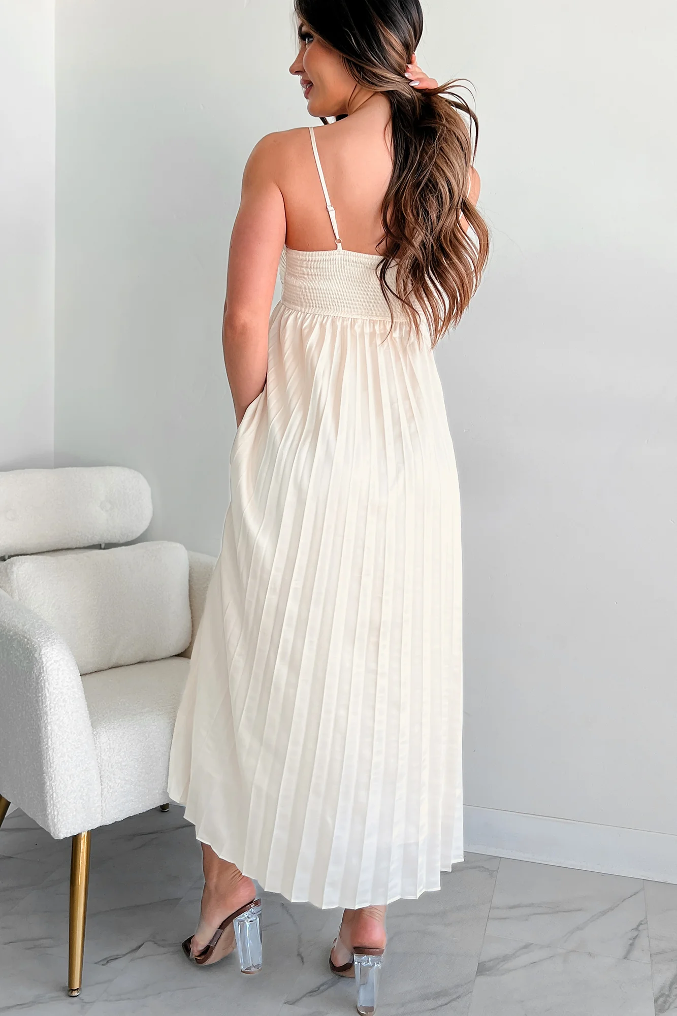 Essential Chicness Pleated Satin Dress (Champagne) - Image 3