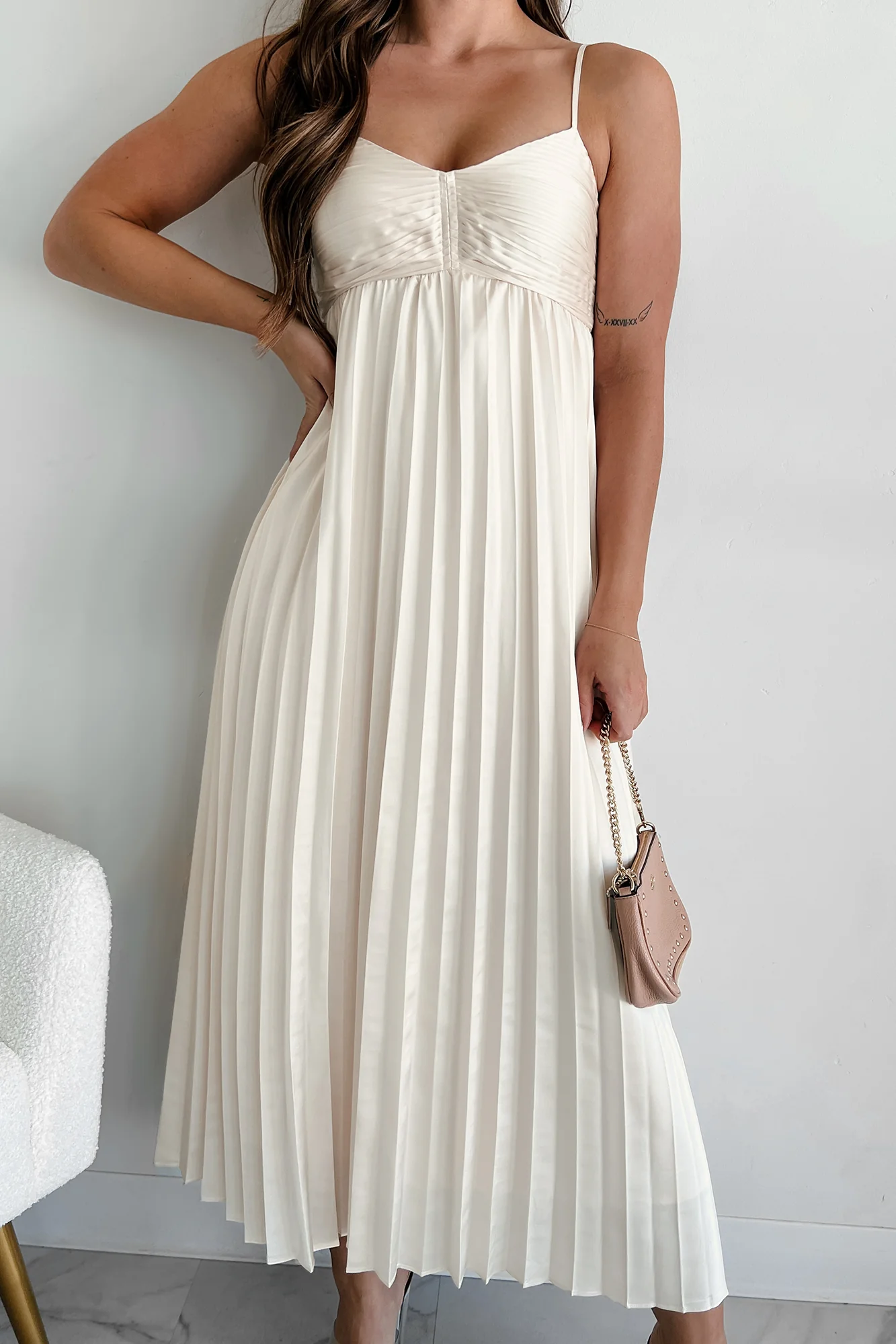 Essential Chicness Pleated Satin Dress (Champagne) - Image 4