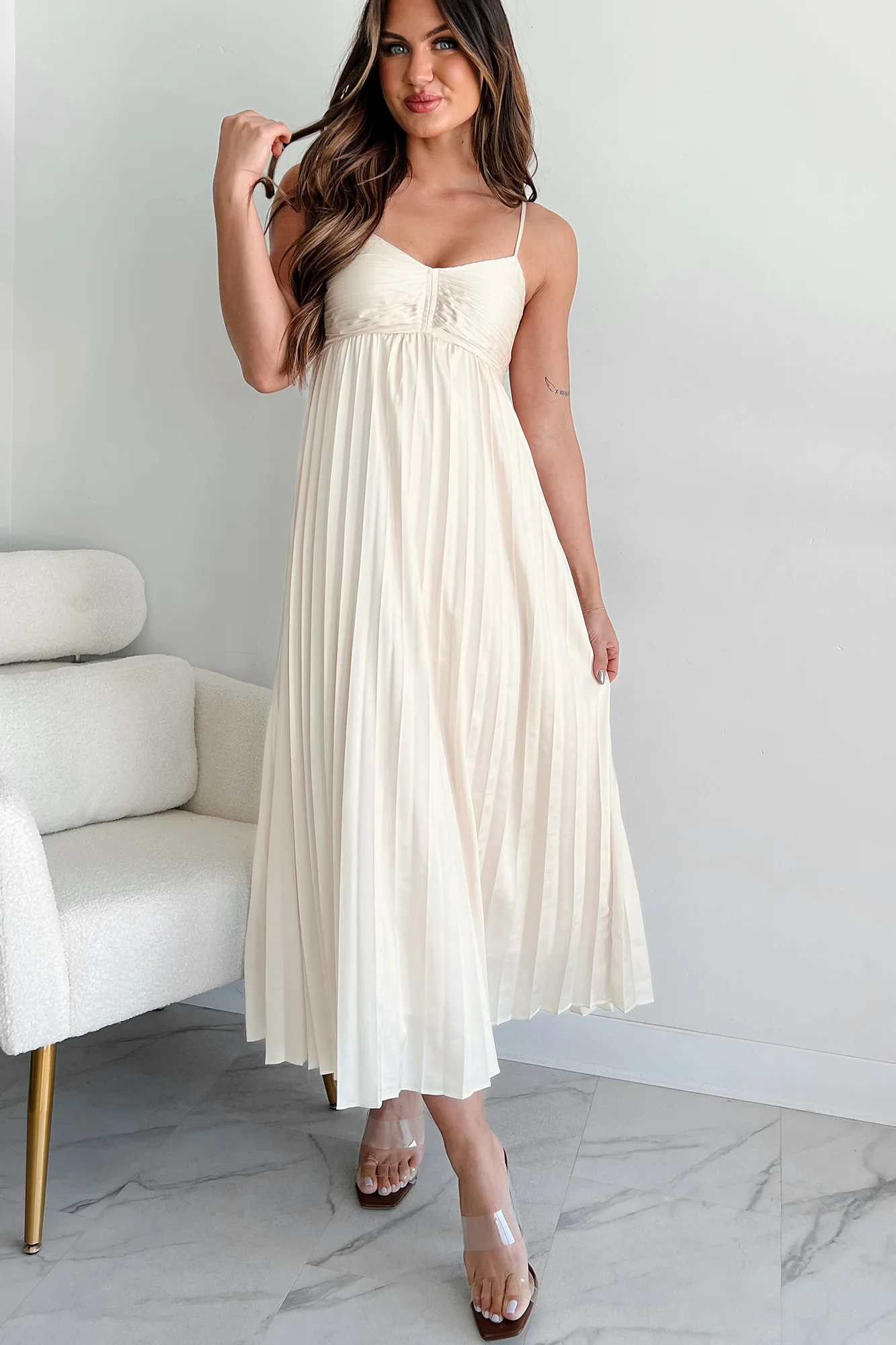 Essential Chicness Pleated Satin Dress (Champagne) - Image 7