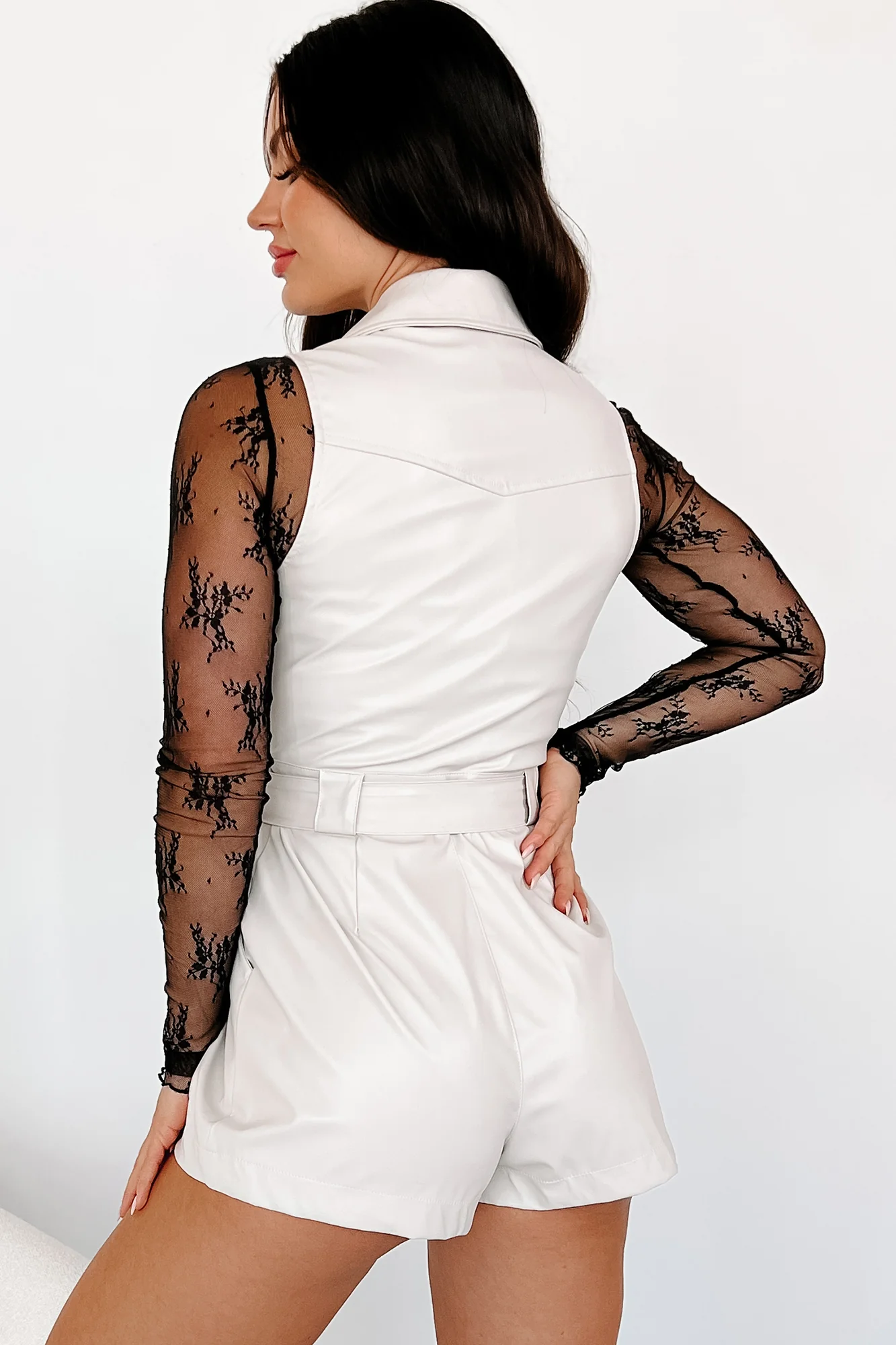 Eternal Style Faux Leather Collared Romper (Ecru) - Image 6