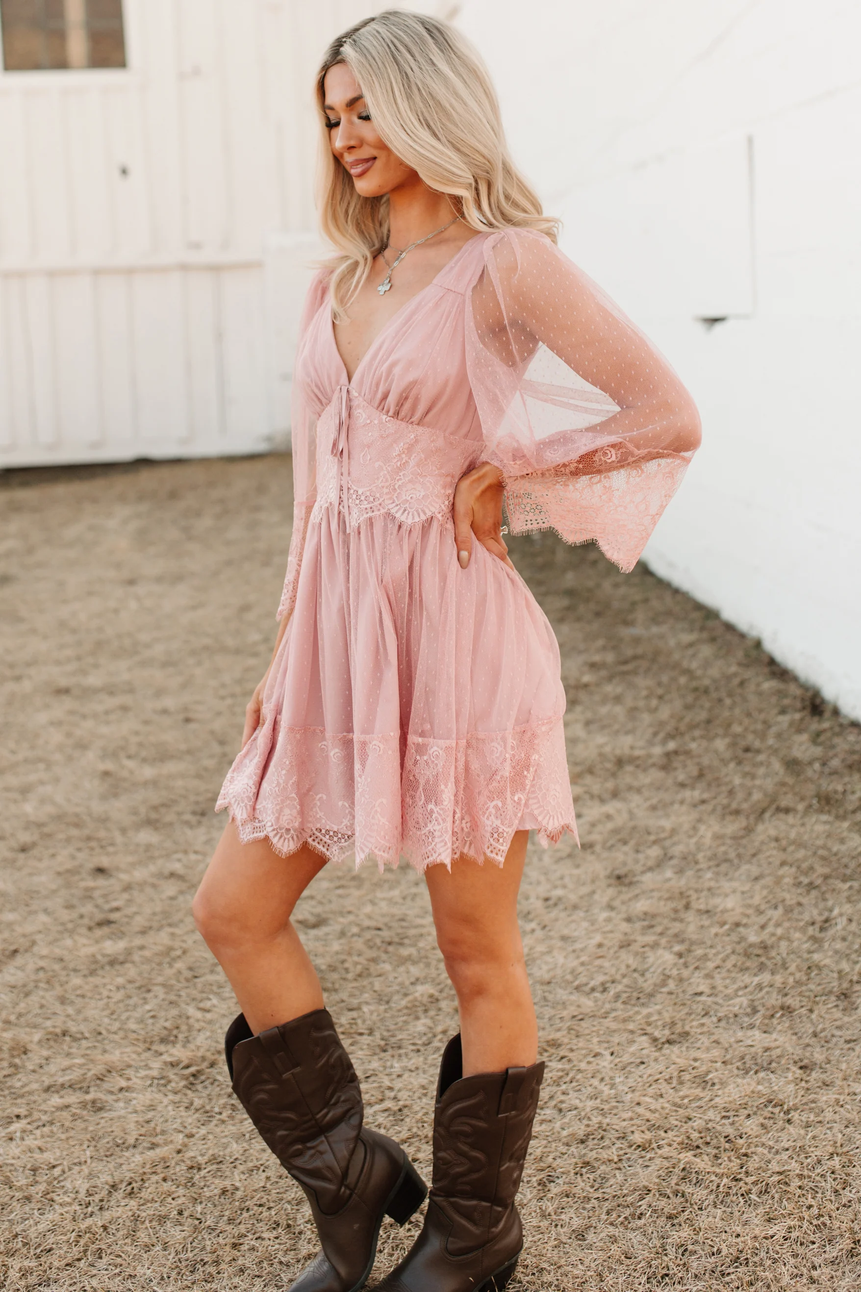 Ethereal Aura Dotted Mesh Mini Dress (Blush) - Image 7