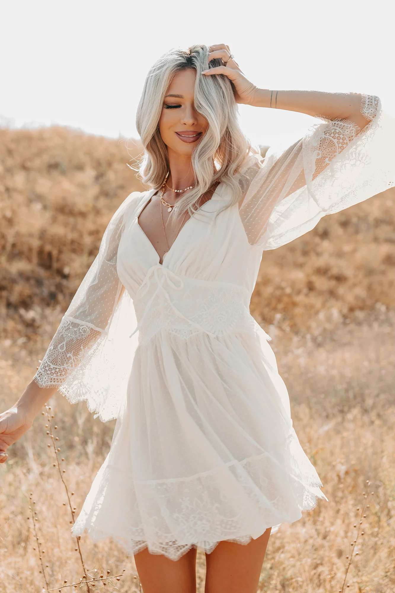 Ethereal Aura Dotted Mesh Mini Dress (Cream) - Image 9