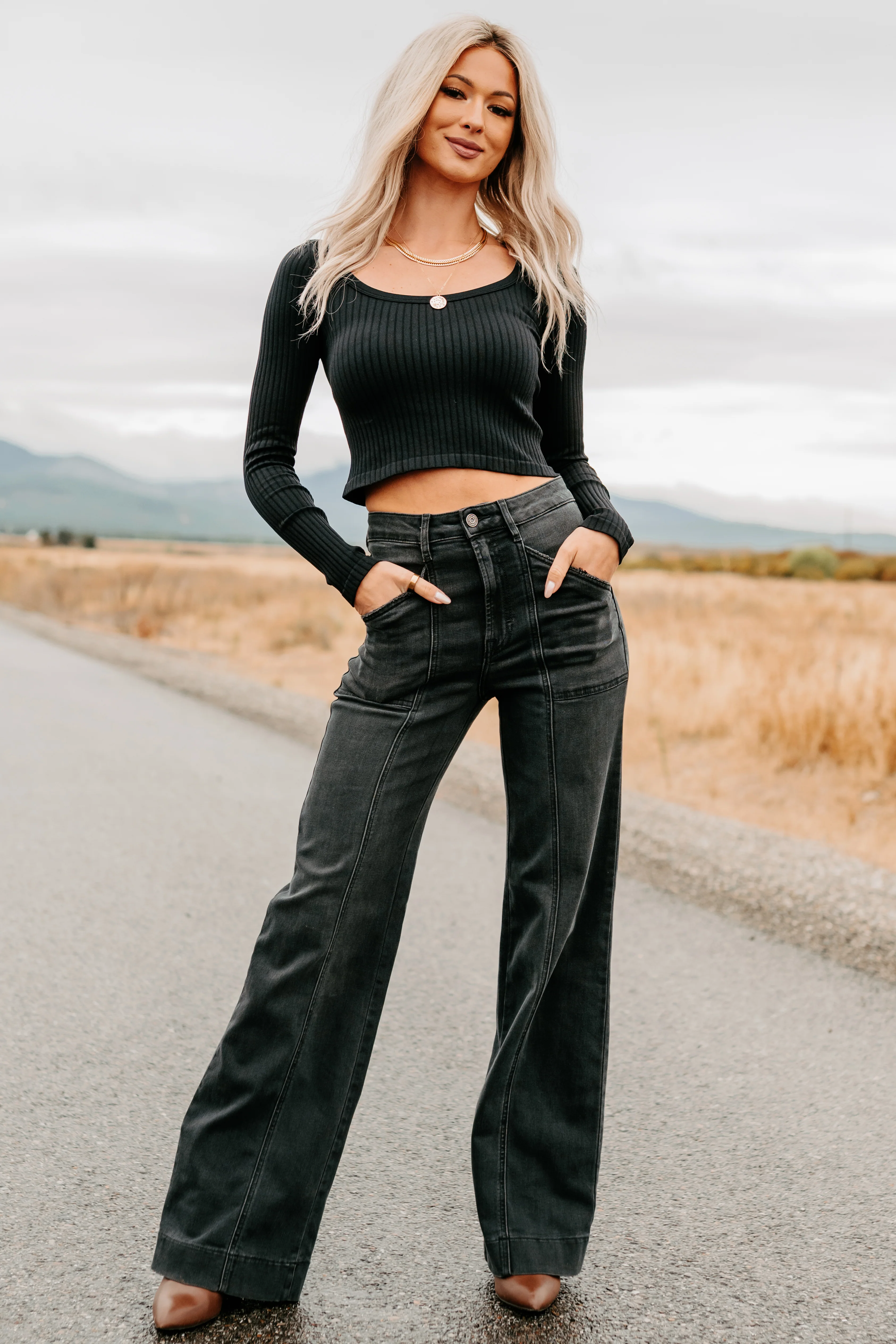 Evening Ease Scoop Neck Ribbed Crop Top (Black) - Image 3
