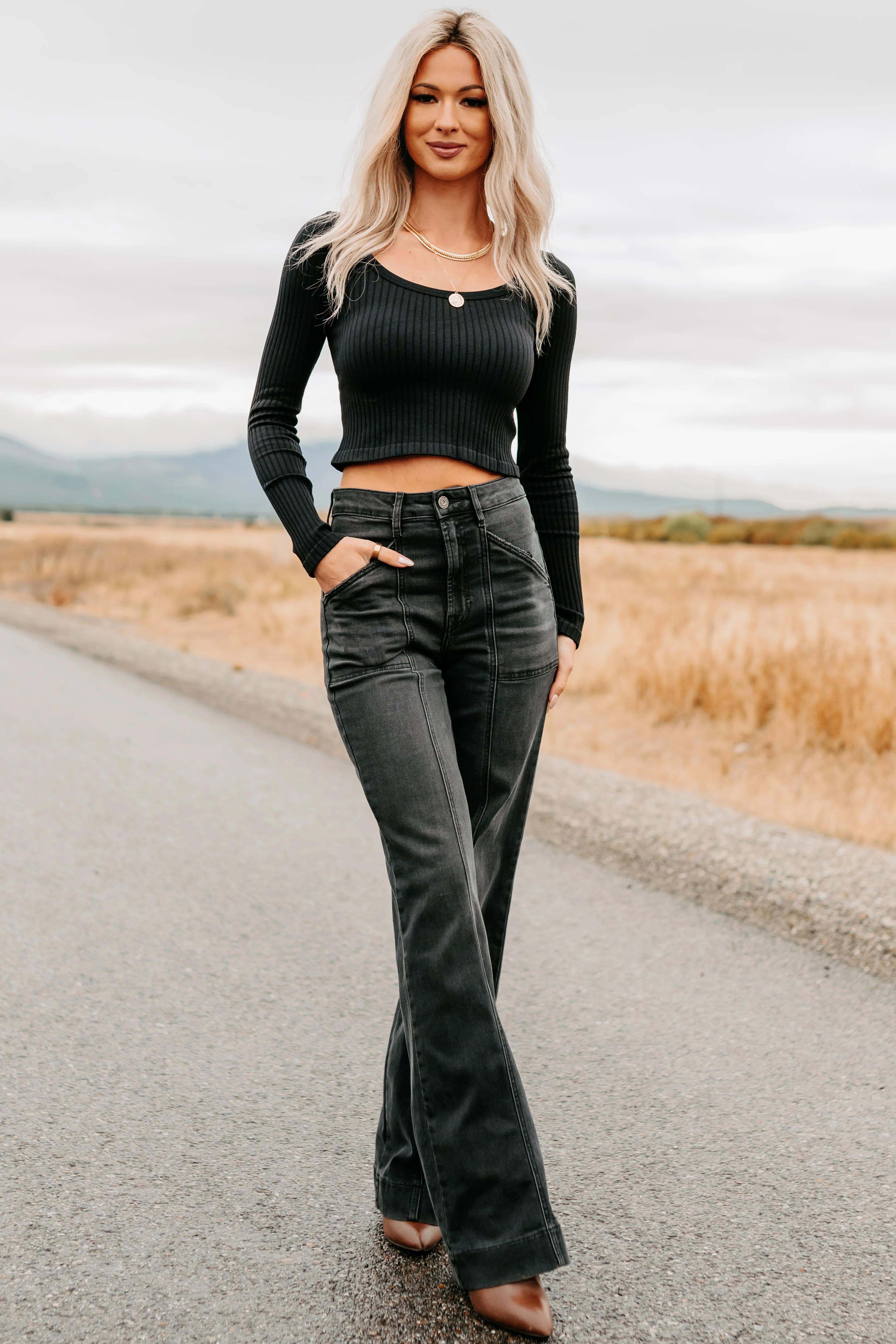 Evening Ease Scoop Neck Ribbed Crop Top (Black) - Image 4