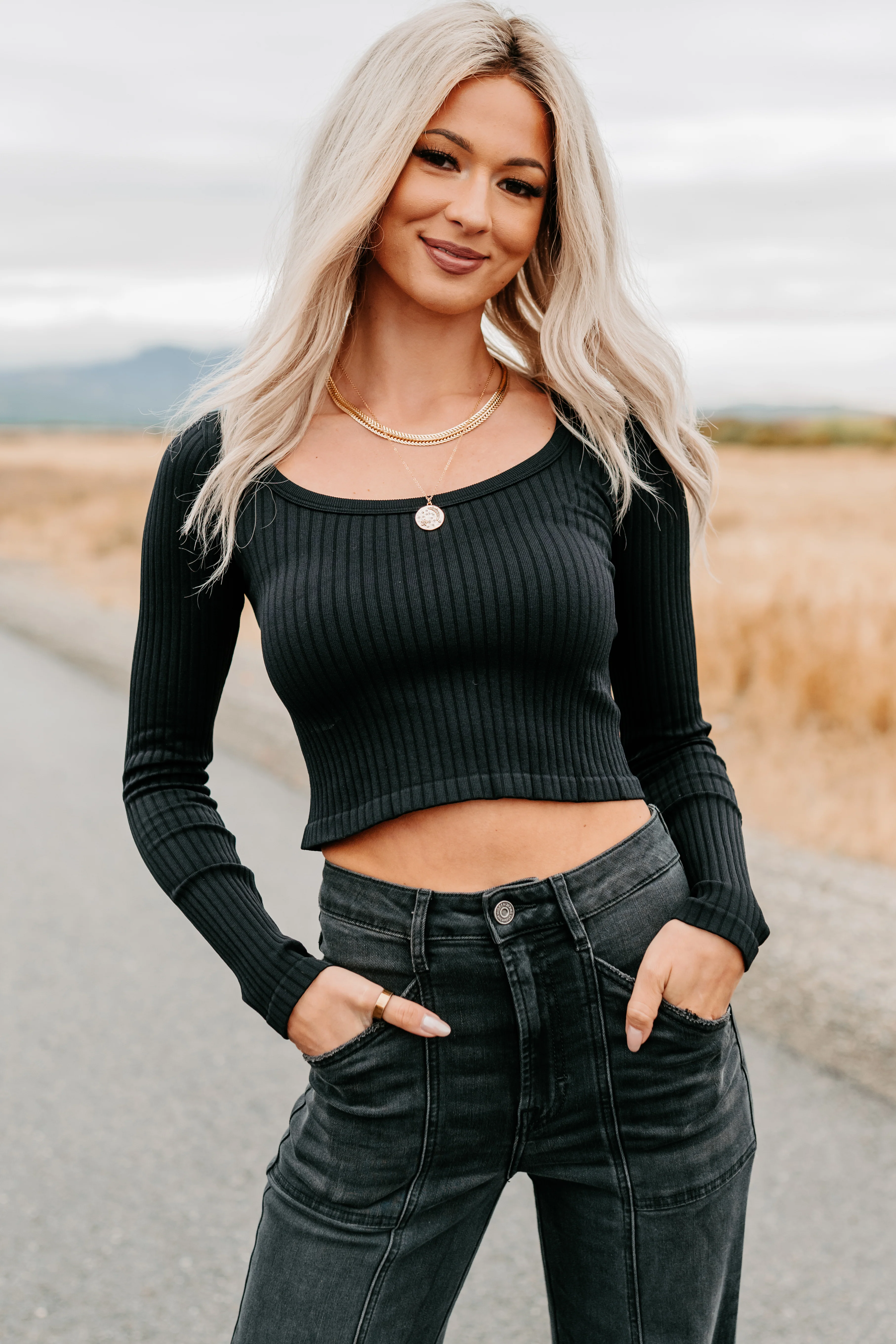 Evening Ease Scoop Neck Ribbed Crop Top (Black) - Image 5