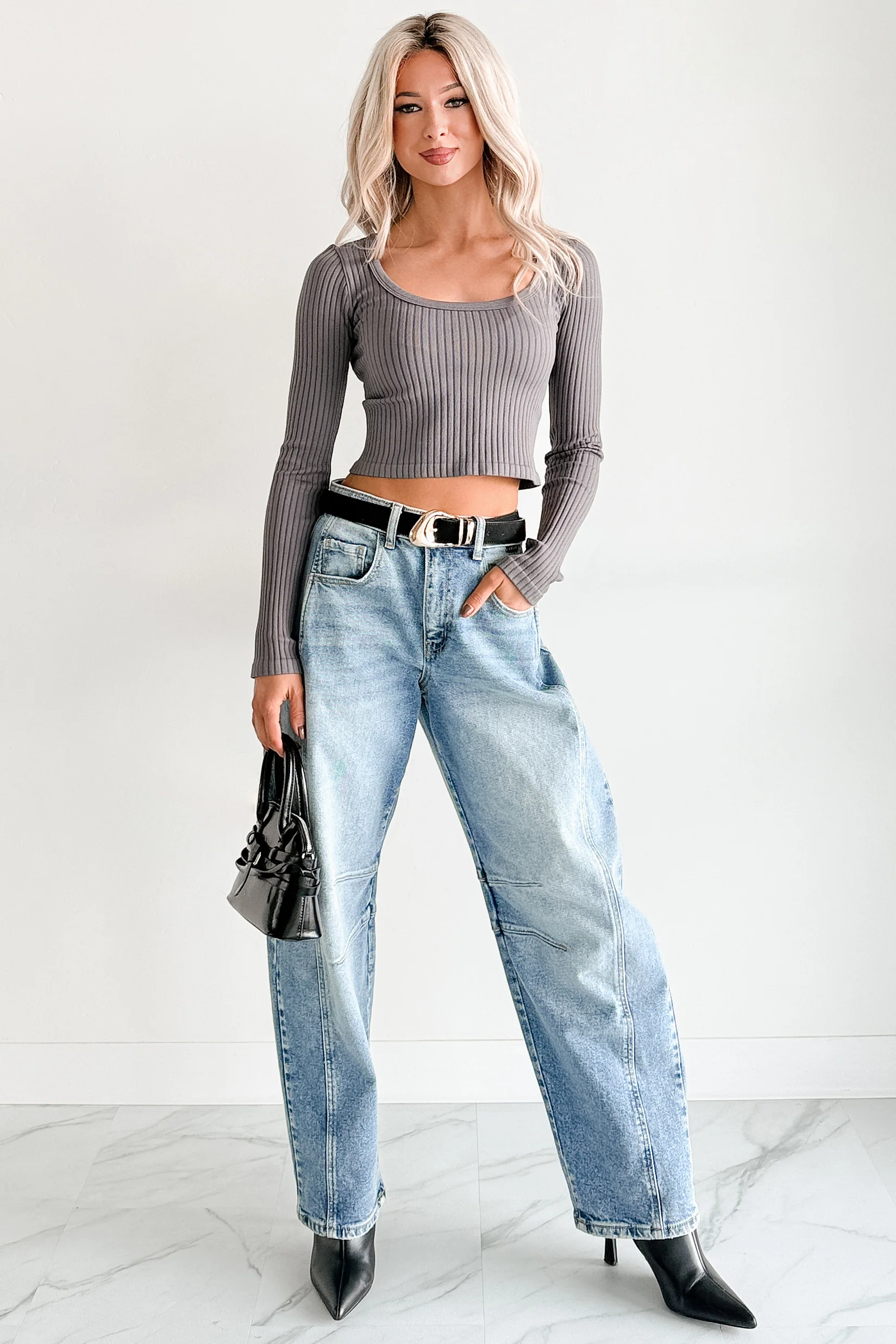 Evening Ease Scoop Neck Ribbed Crop Top (Charcoal) - Image 3