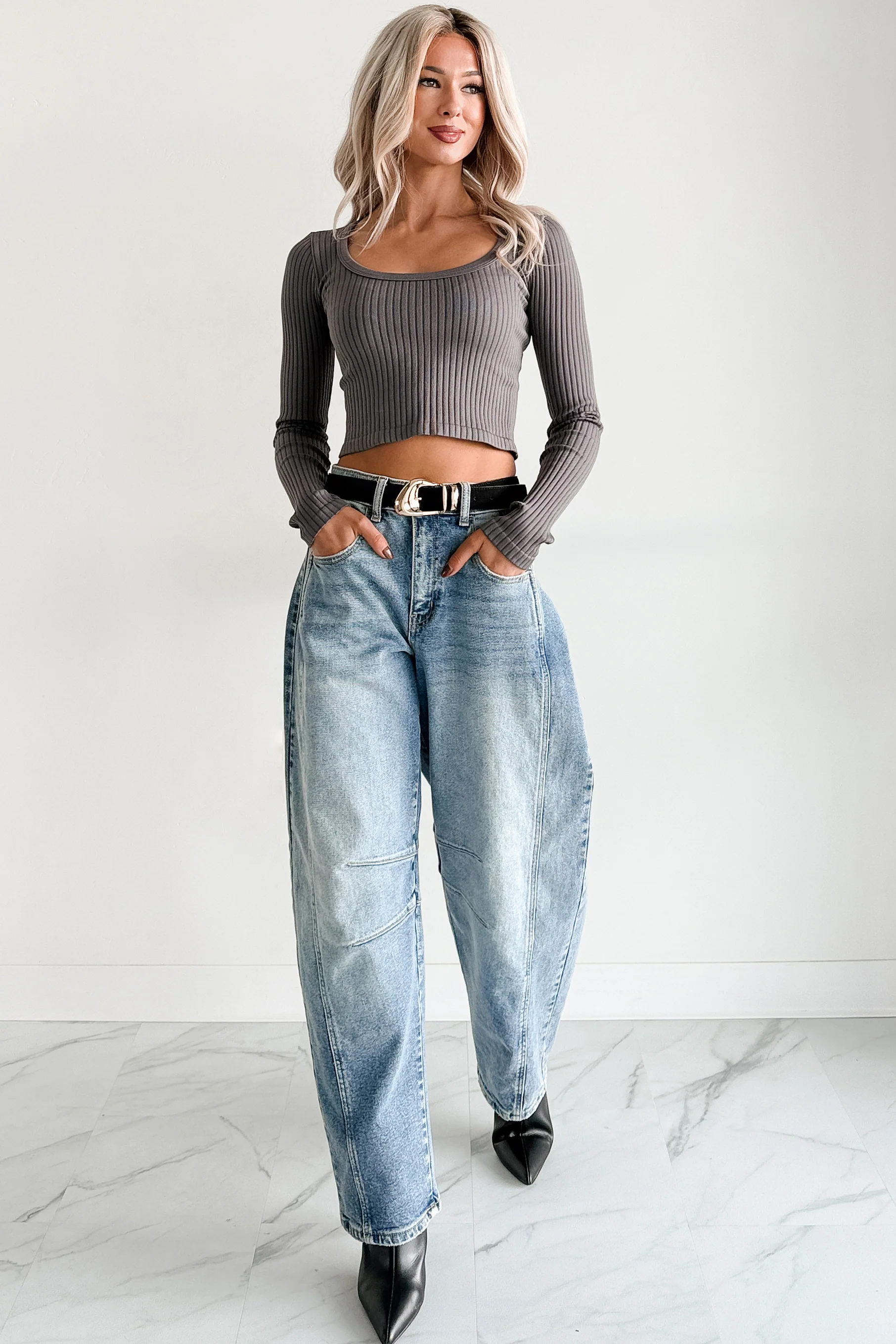 Evening Ease Scoop Neck Ribbed Crop Top (Charcoal) - Image 5