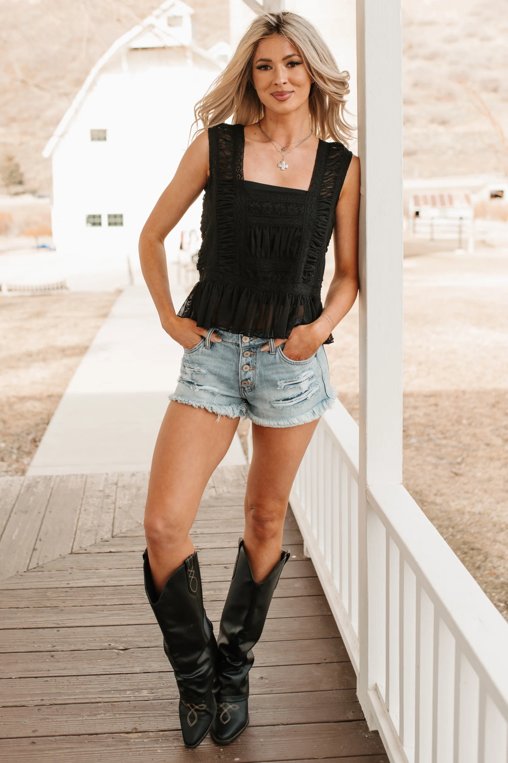Evening Edit Lace Peplum Cap Sleeve Top (Black) - Image 6