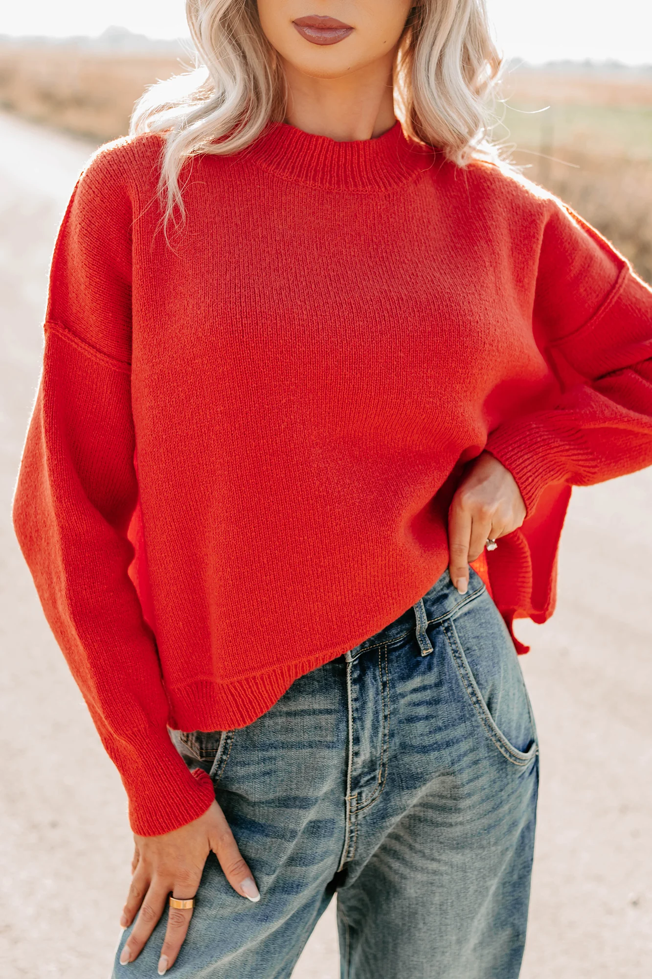 Evening Nest Reverse Stitch Knit Sweater (Red) - Image 4